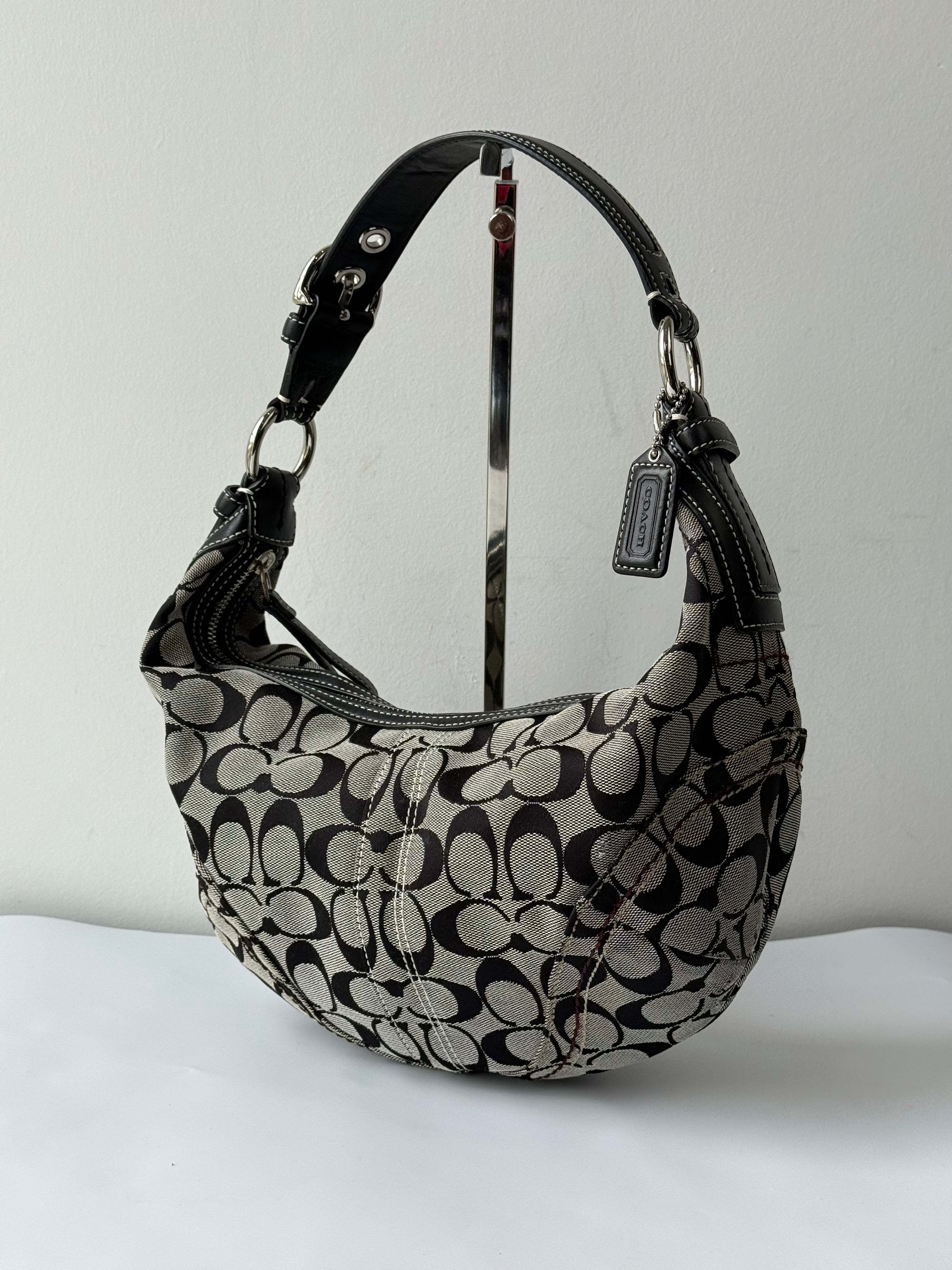 Vintage Coach Signature Hobo Bag Grey Black Canvas Leather Shoulder Bag 00s Y2K