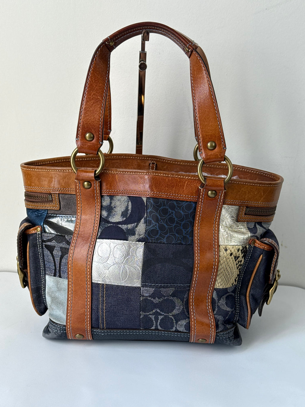 Vintage Coach Blue Denim Patchwork Tote Bag Coach Signature Leather Handbag 00s Y2K