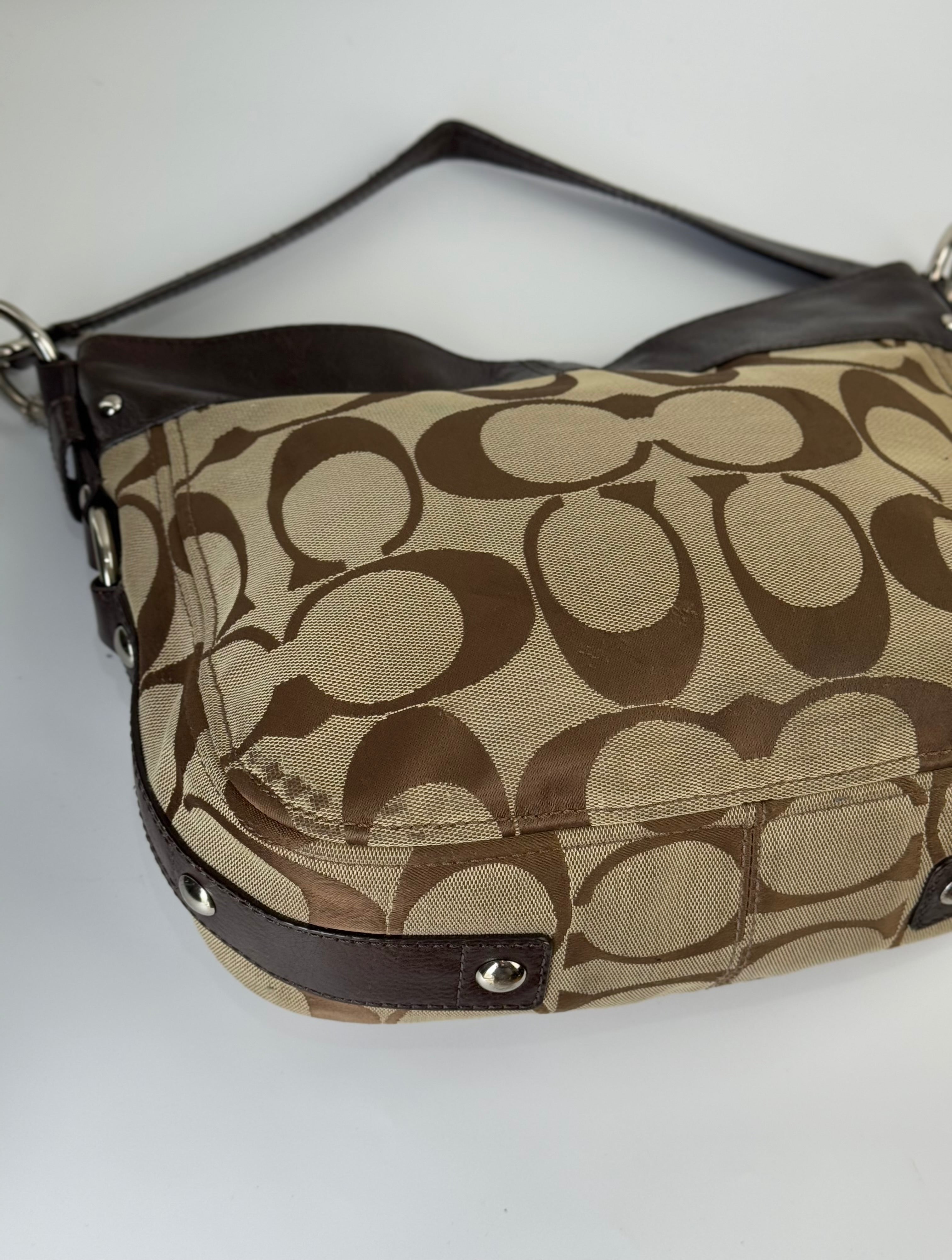 Vintage Coach Zoe Signature Bag Brown Khaki/Mahogany Canvas Shoulder Bag 00s Y2K