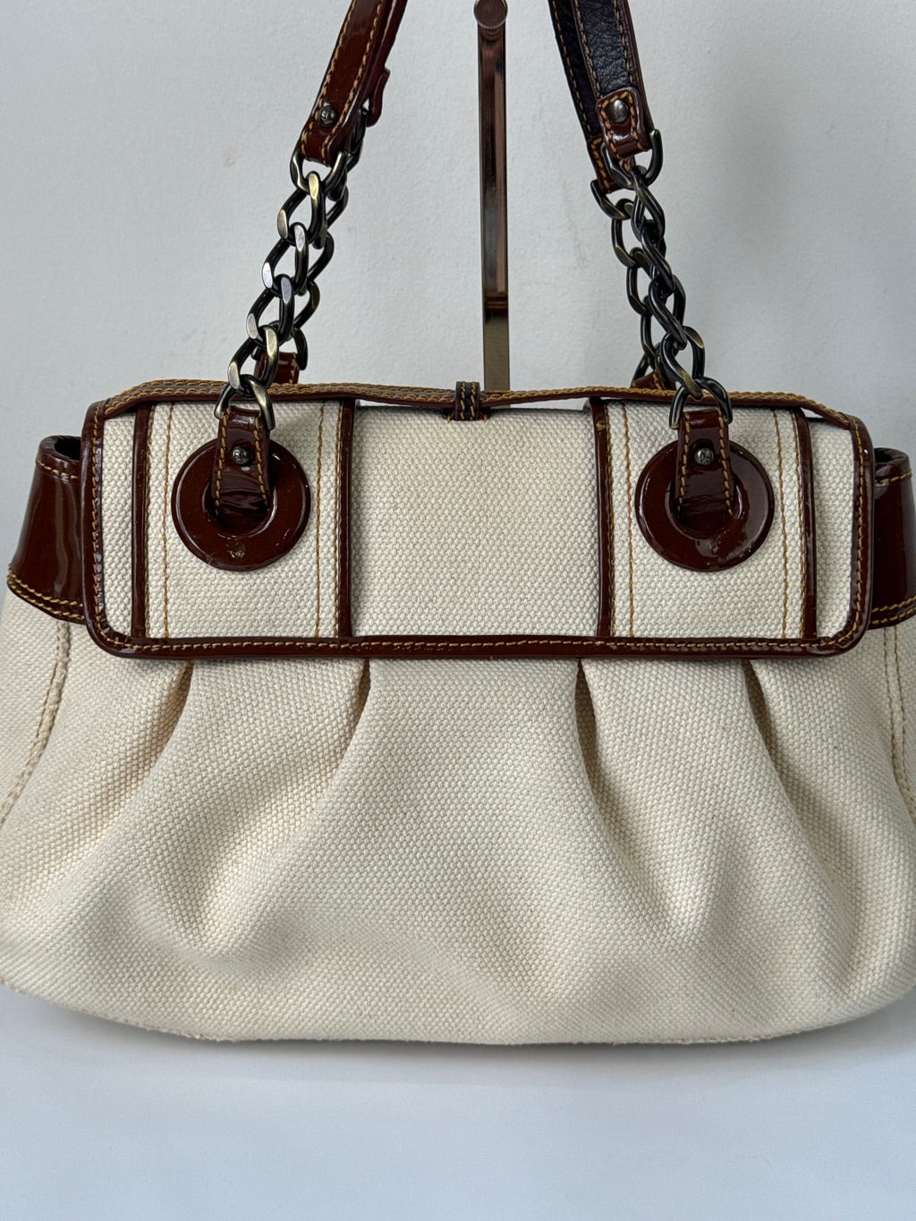 Vintage Fendi B Bag Brown Leather and White Canvas Fendi Handbag 00s Y2K