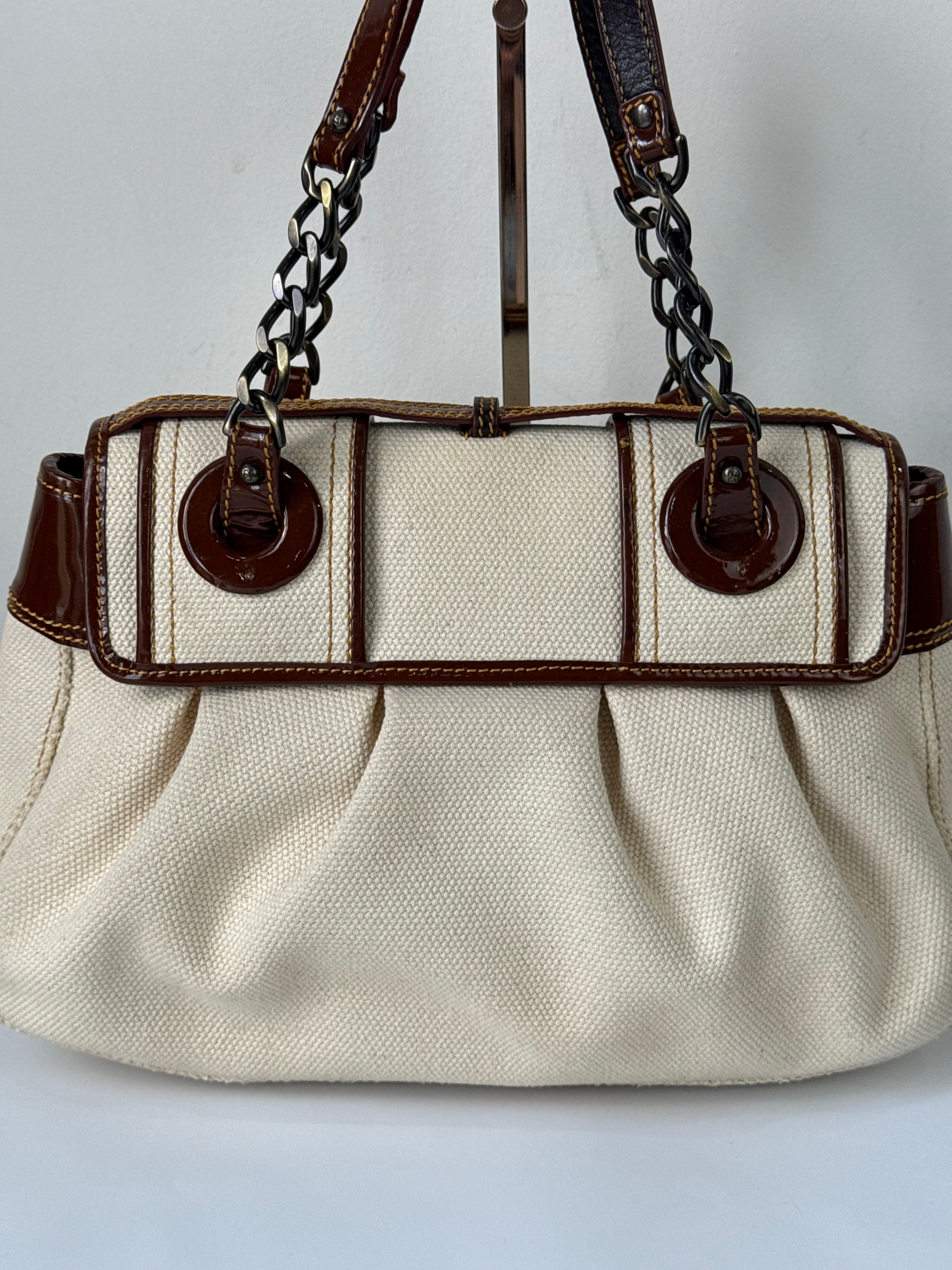 Vintage Fendi B Bag Brown Leather and White Canvas Fendi Handbag 00s Y2K