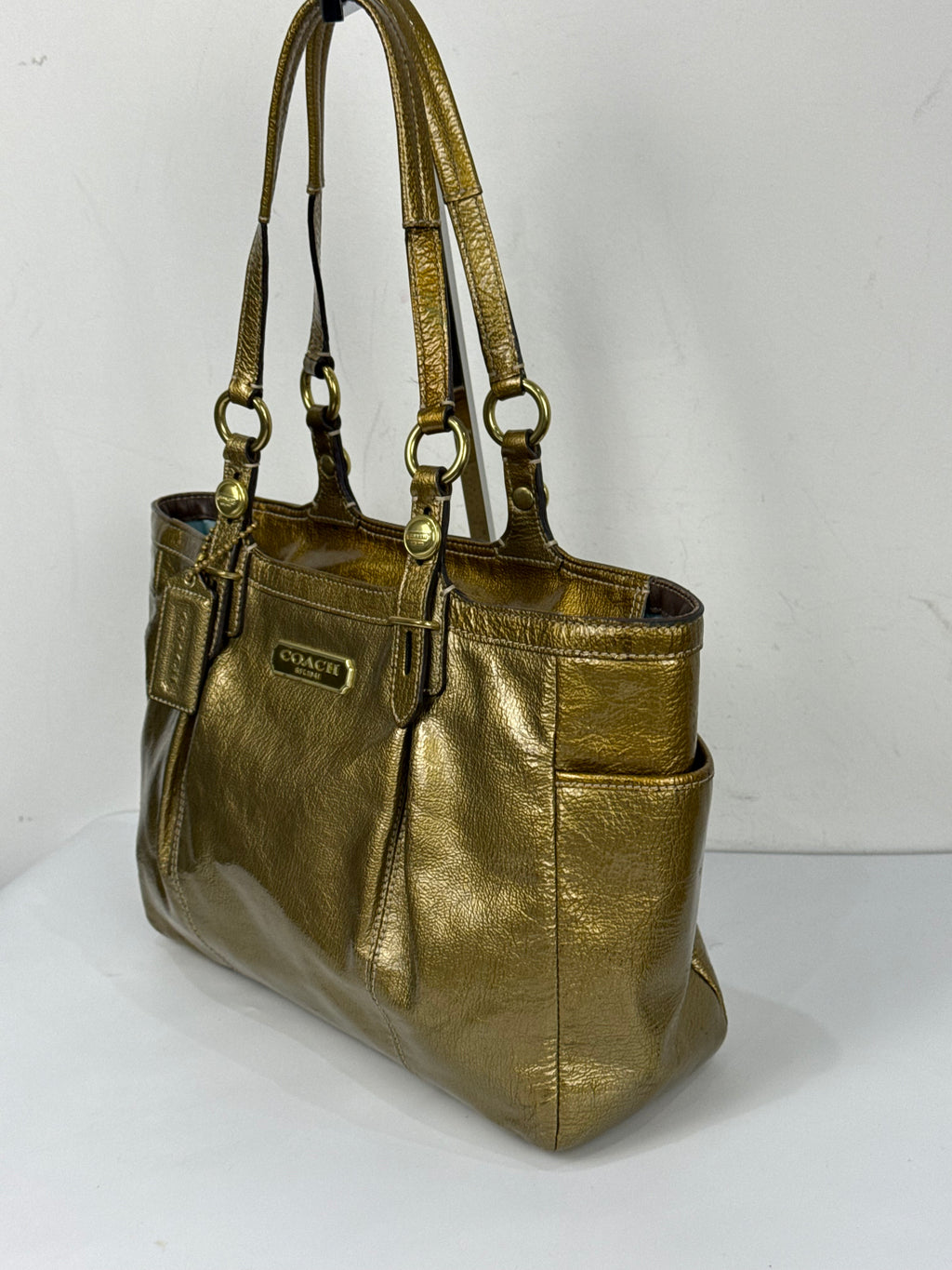Vintage Coach East West Gallery Tote Bag Coach Gold Patent Leather HandBag 00s Y2K