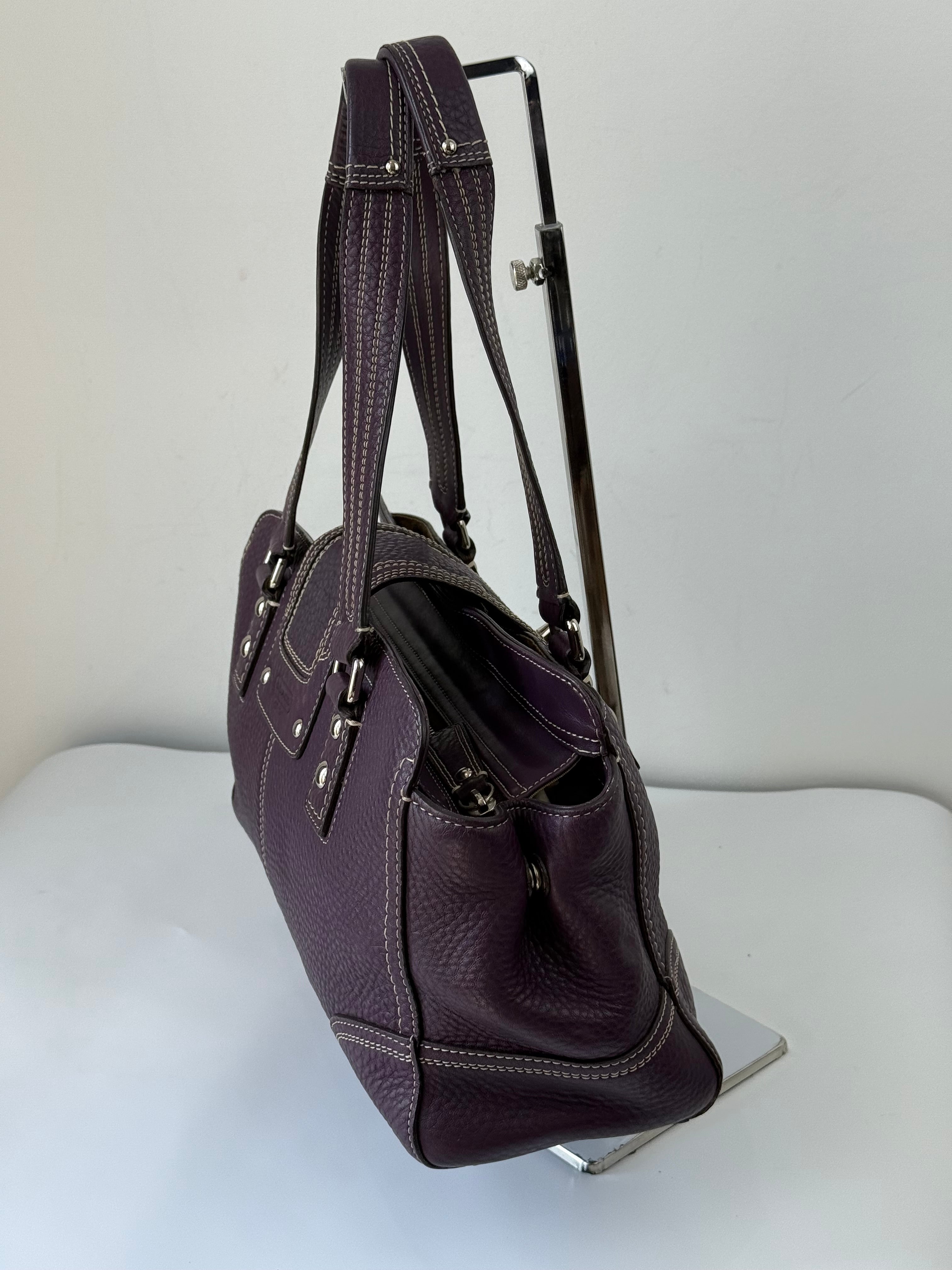 Vintage Coach Hampton Satchel Bag Purple Pebble Leather Shoulder Bag 00s Y2K