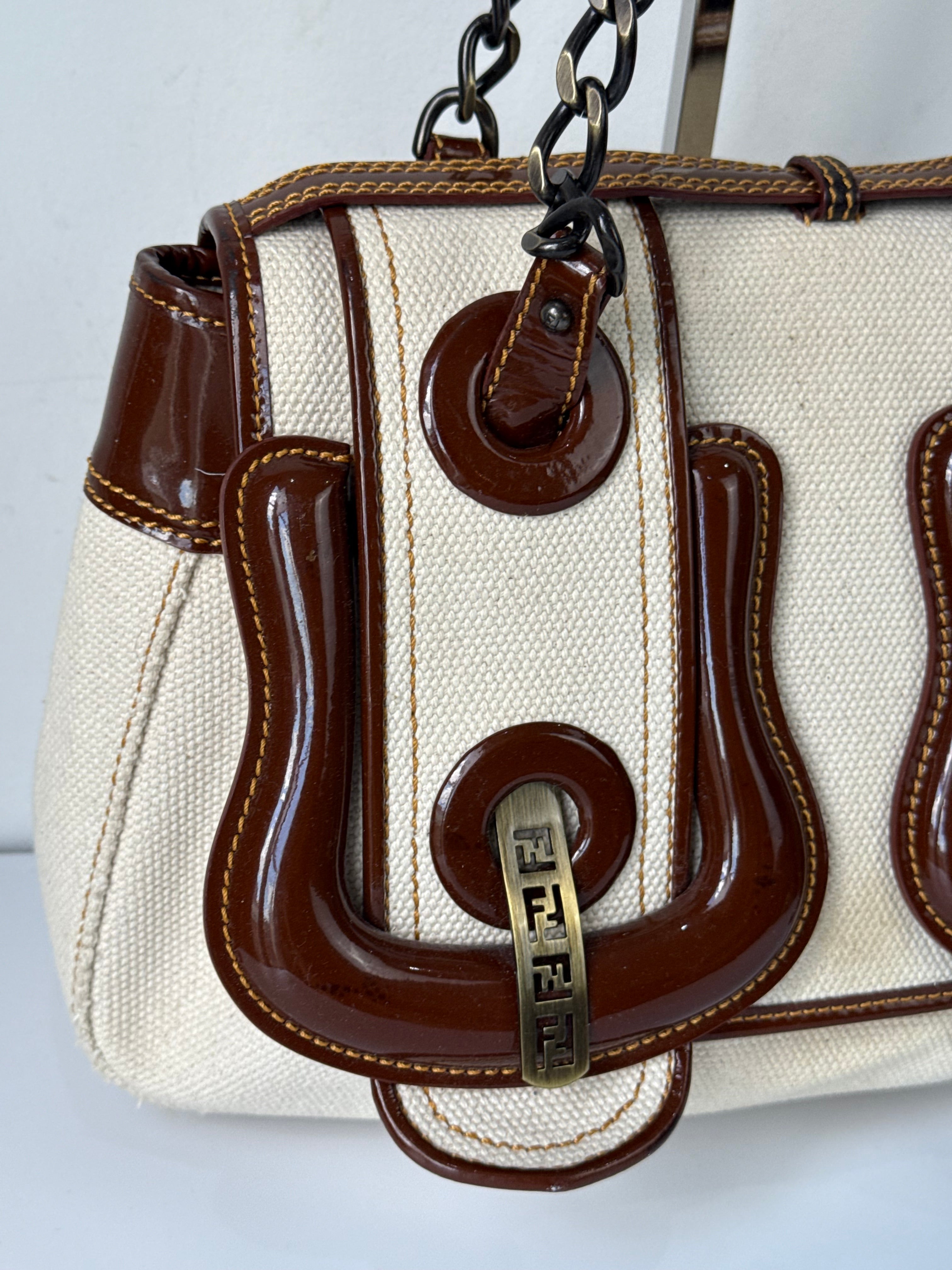 Vintage Fendi B Bag Brown Leather and White Canvas Fendi Handbag 00s Y2K