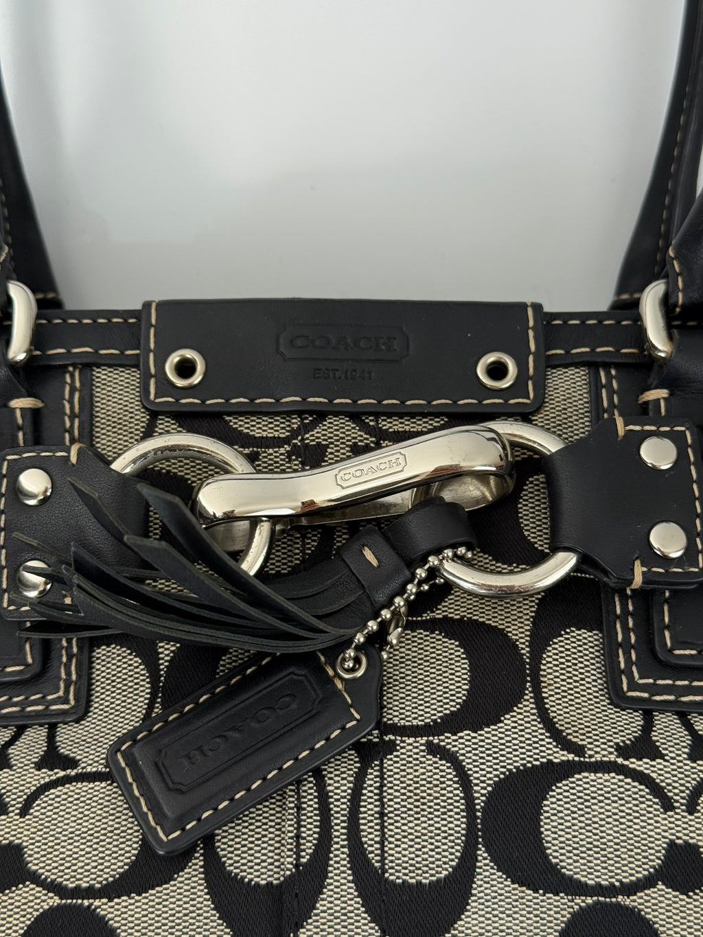 Vintage Coach Hampton Signature Tote Bag Grey and Black Coach Canvas HandBag 00s Y2K