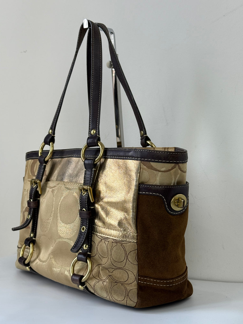Vintage Coach Gold Multicolour Patchwork Tote Bag Coach Signature Suede Handbag 00s Y2K
