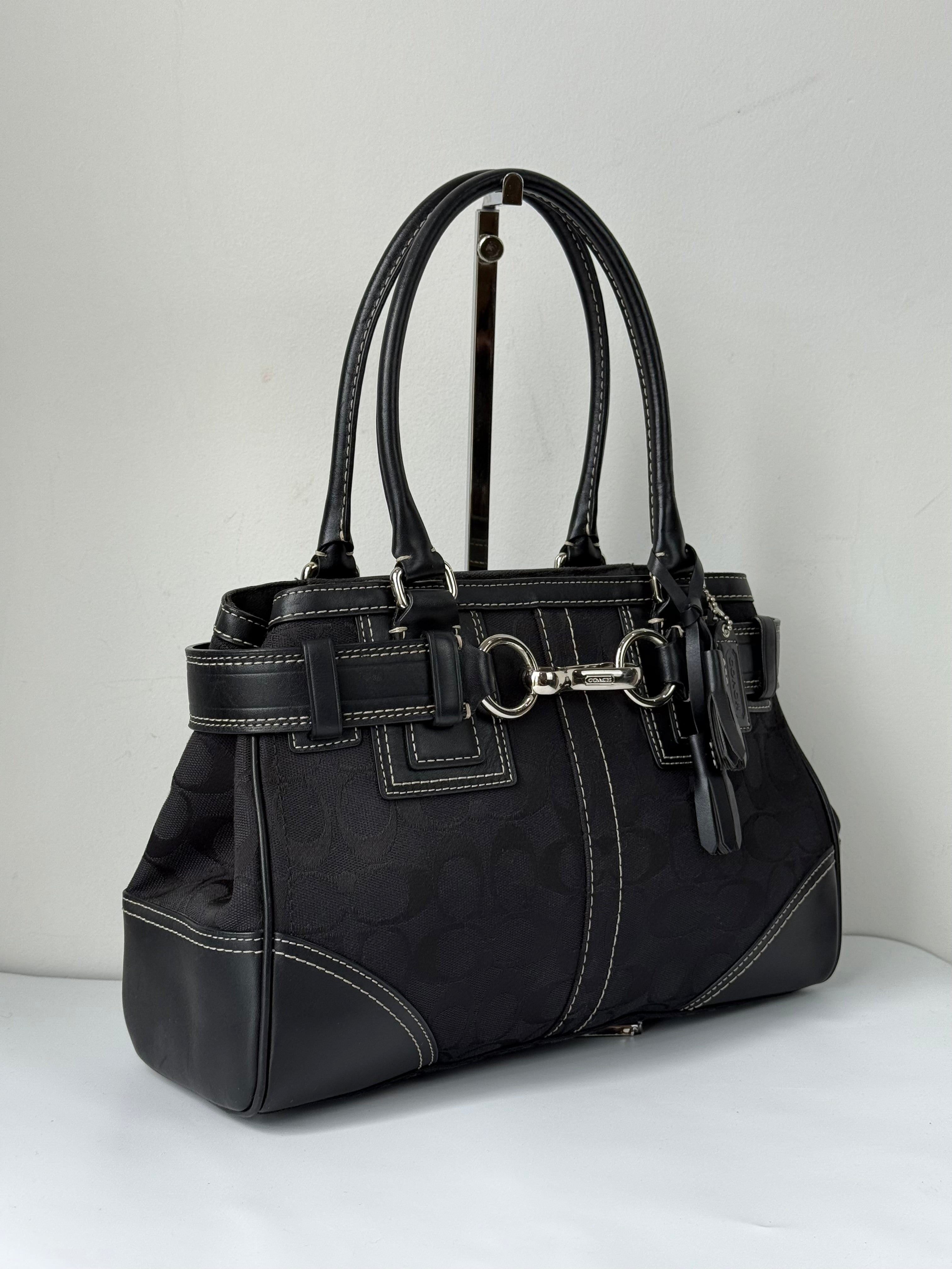 Vintage Coach Hampton Signature Tote Bag Black Coach Canvas HandBag 00s Y2K