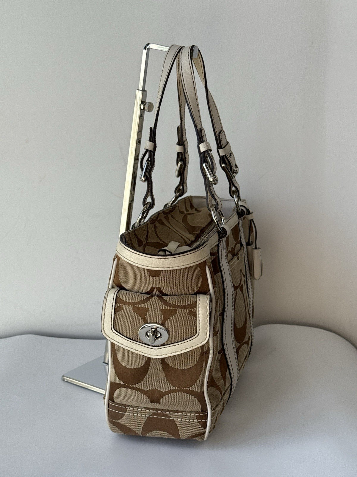 Vintage Coach Tote Bag Khaki/Beige Signature Handbag 00s Y2K