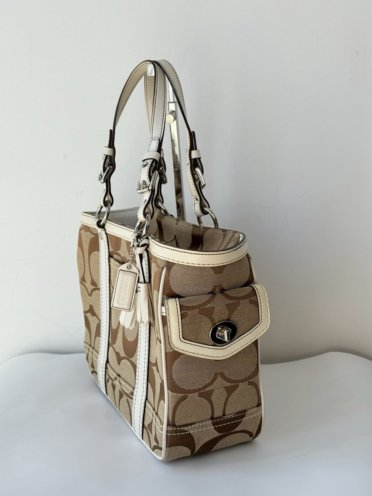 Vintage Coach Tote Bag Khaki/Beige Signature Coach Handbag 00s Y2K