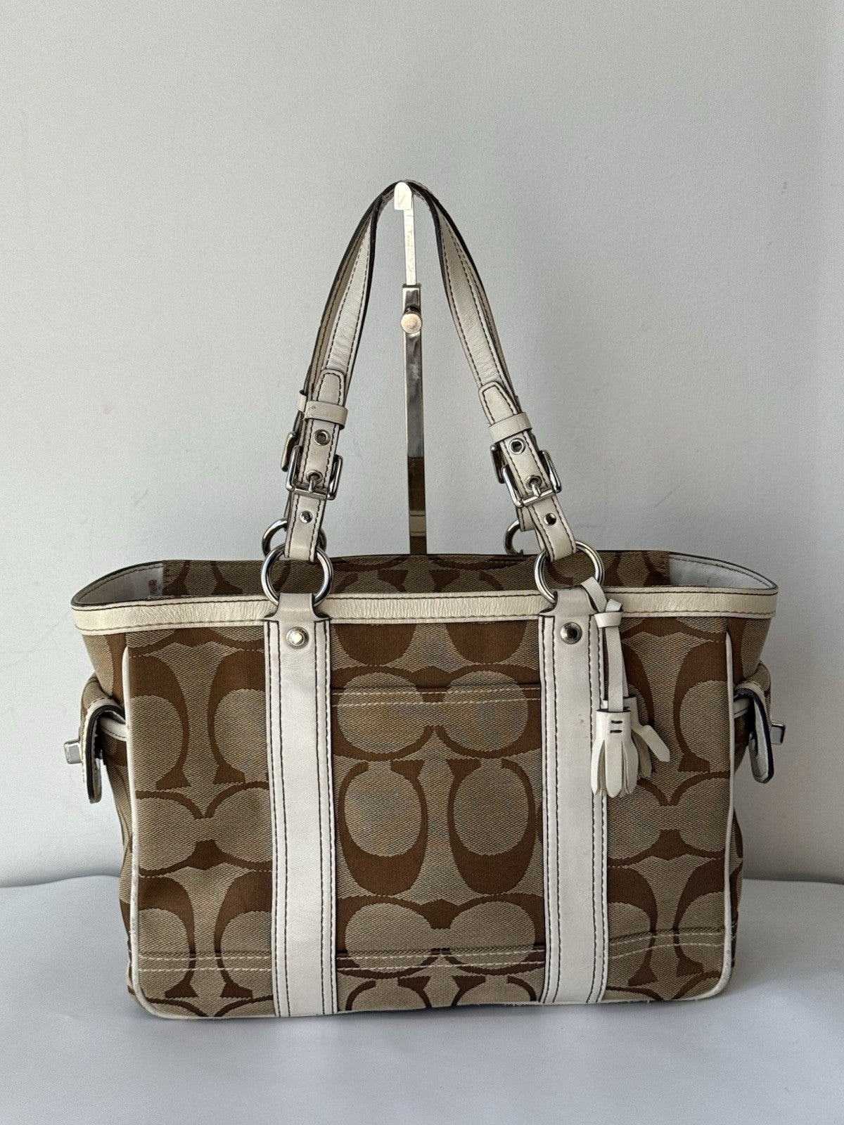 Vintage Coach Tote Bag Khaki/Beige Signature Handbag 00s Y2K