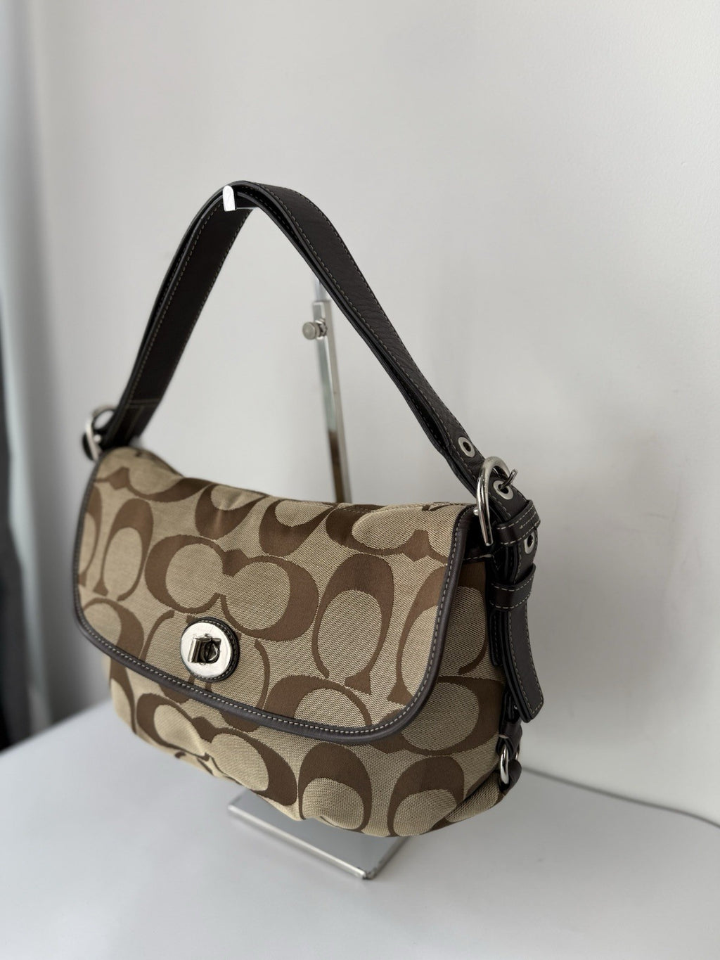 Vintage Coach Shoulder Bag Brown & Beige TurnLock Signature Crossbody Bag Y2K