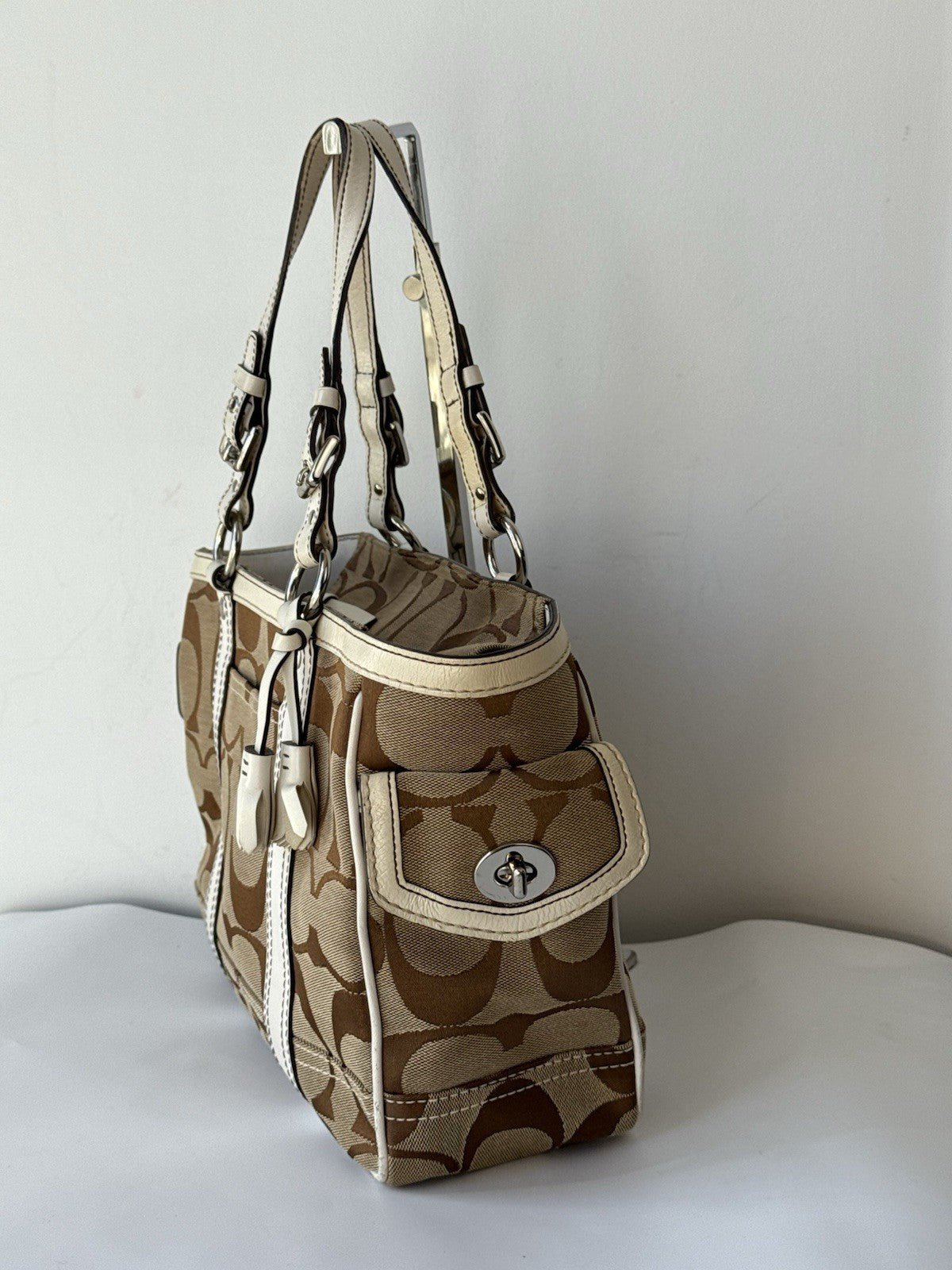 Vintage Coach Tote Bag Khaki/Beige Signature Handbag 00s Y2K