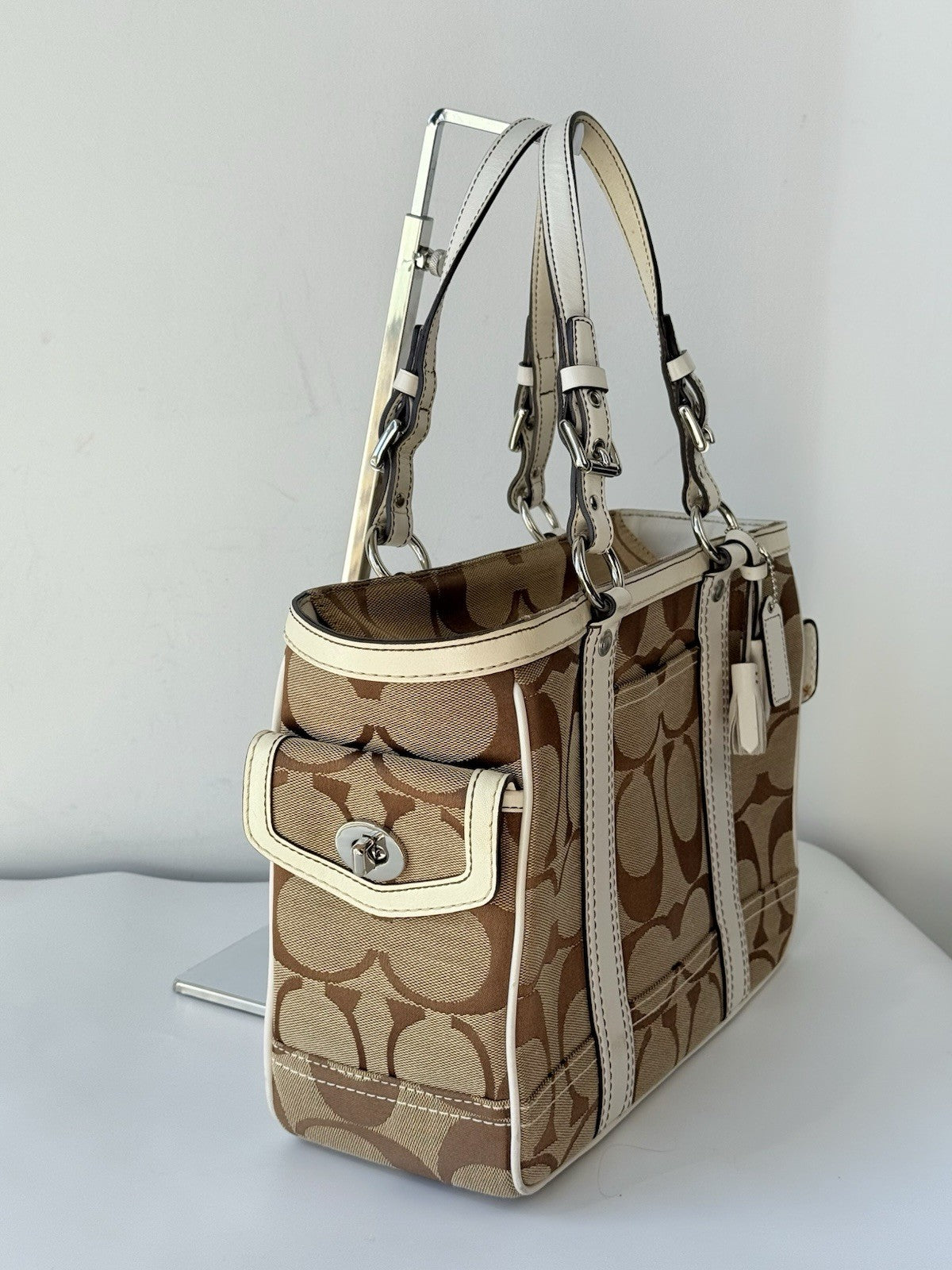 Vintage Coach Tote Bag Khaki/Beige Signature Coach Handbag 00s Y2K