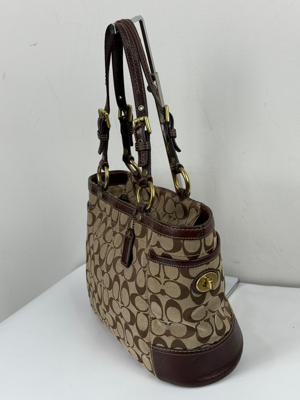 Vintage Coach Gallery Tote Bag Beige & Brown Signature Shoulder Bag 00s Y2K