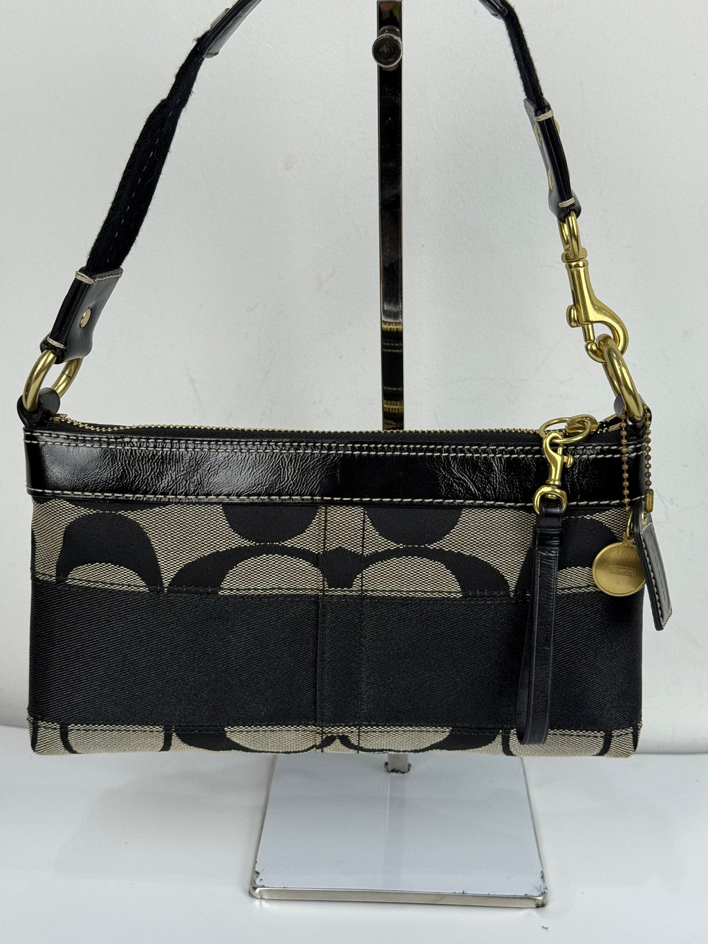 Vintage Coach Signature Stripe Shoulder Bag Coach Black/Grey Y2K HandBag