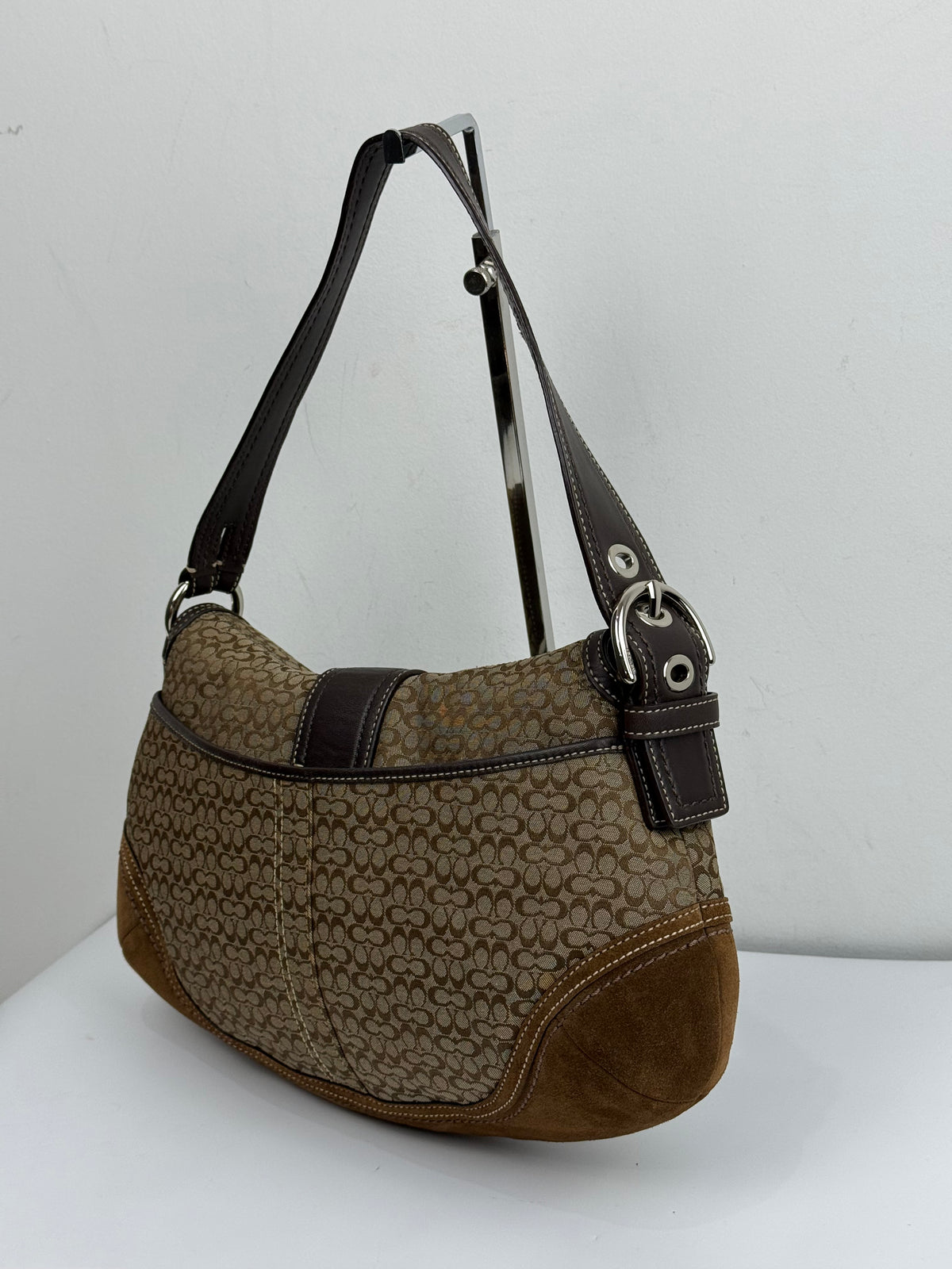 Vintage Coach Soho Shoulder Bag Brown Signature & Suede Canvas Handbag 00s Y2K