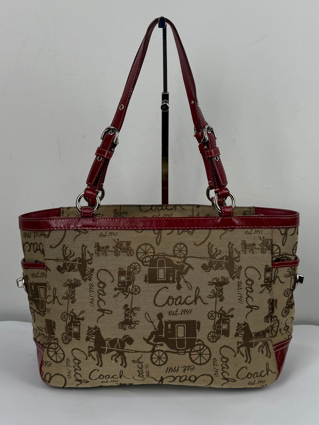 Vintage Coach Horse & Carriage Tote Bag Coach Red Patent Leather Trim Shoulder Bag 00s Y2K