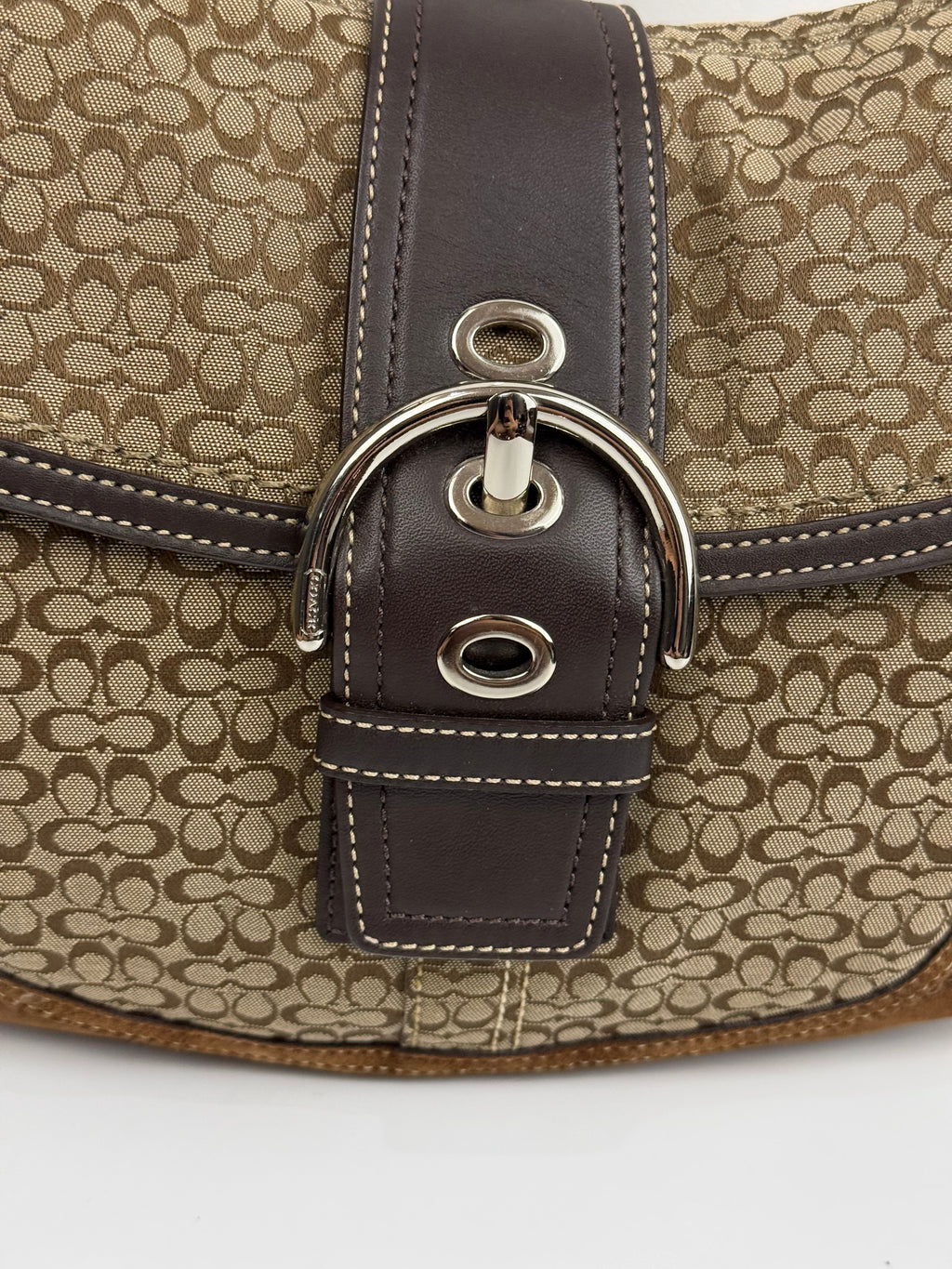 Vintage Coach Soho Shoulder Bag Brown Signature & Suede Canvas Handbag 00s Y2K