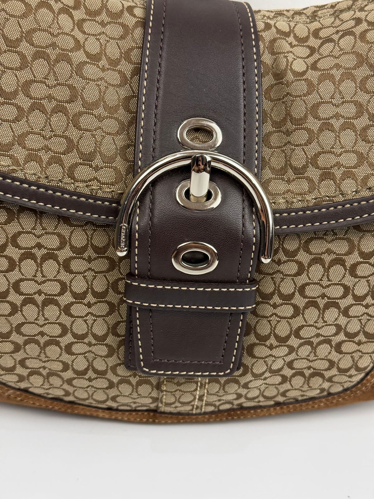 Vintage Coach Soho Shoulder Bag Brown Signature & Suede Canvas Handbag 00s Y2K