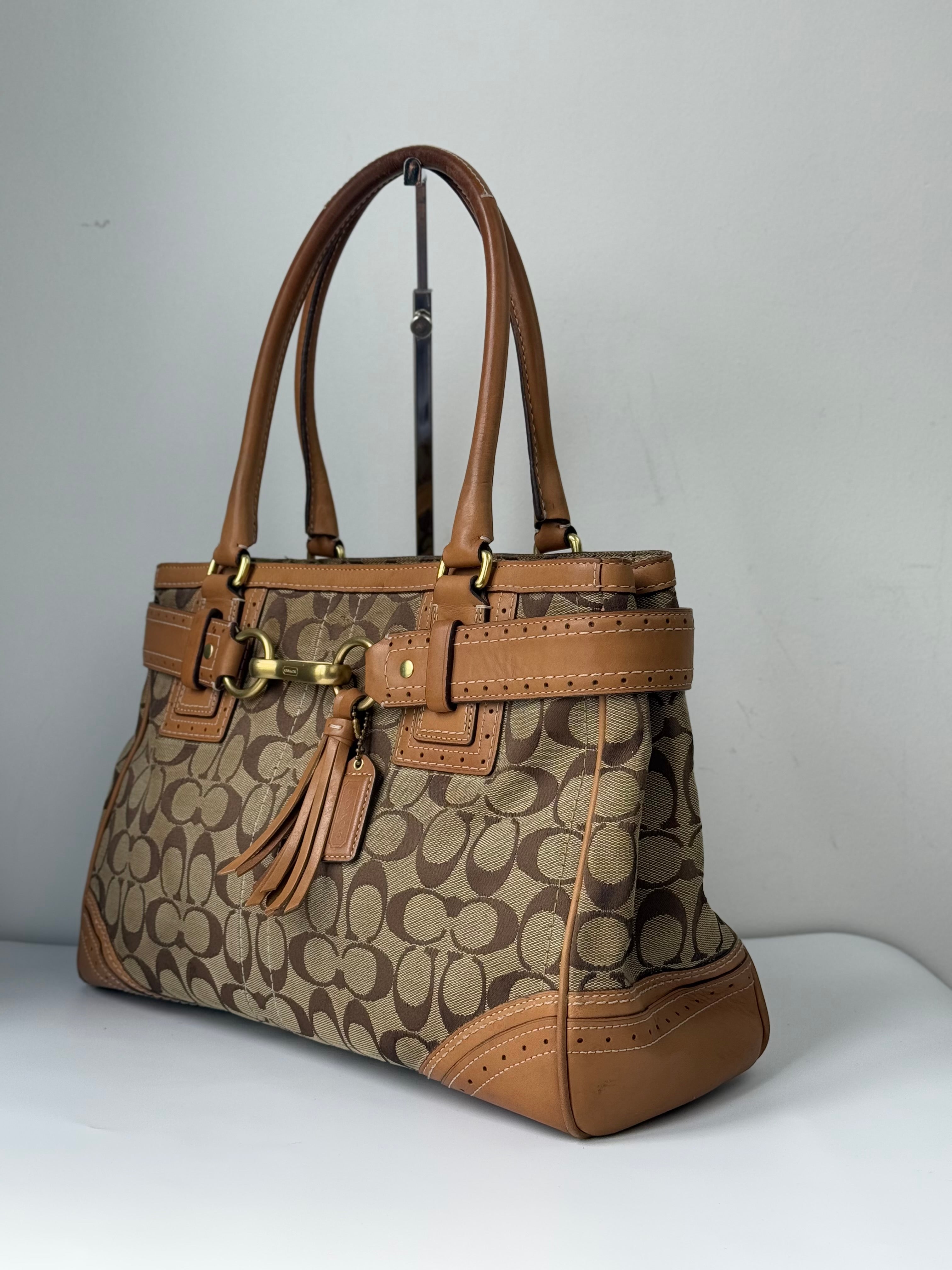 Vintage Coach Hampton Signature Tote Bag Brown & Beige Coach Canvas HandBag 00s Y2K