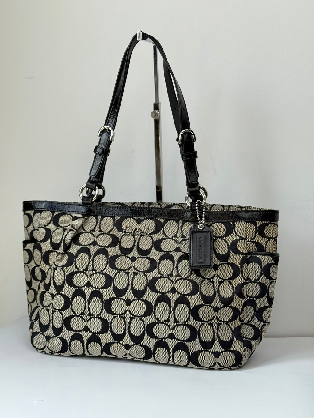Vintage Coach Gallery Signature Tote Bag Grey & Black Coach Canvas Shoulder Bag 90s 00s Y2K