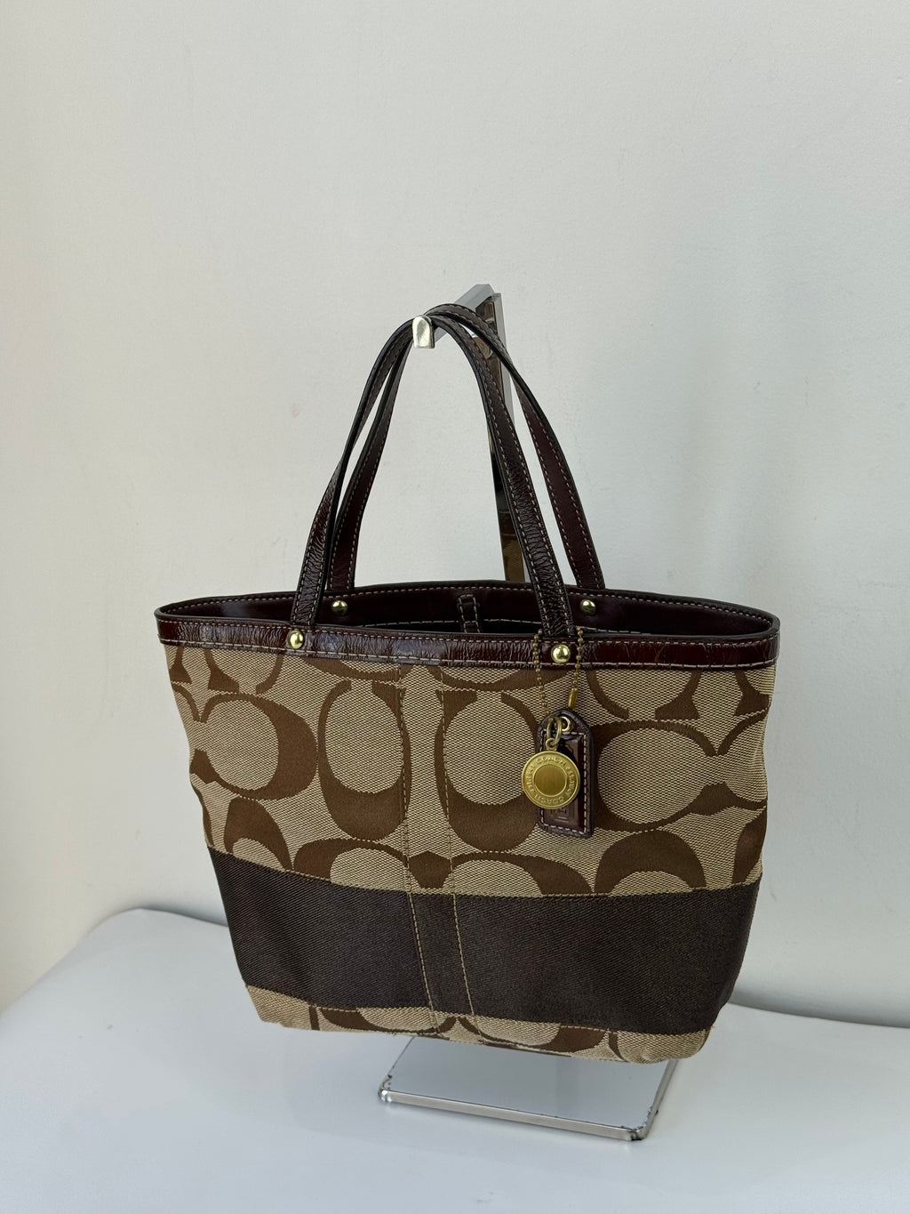 Vintage Coach Mini Tote Bag Brown Signature Canvas Handbag 00s Y2K