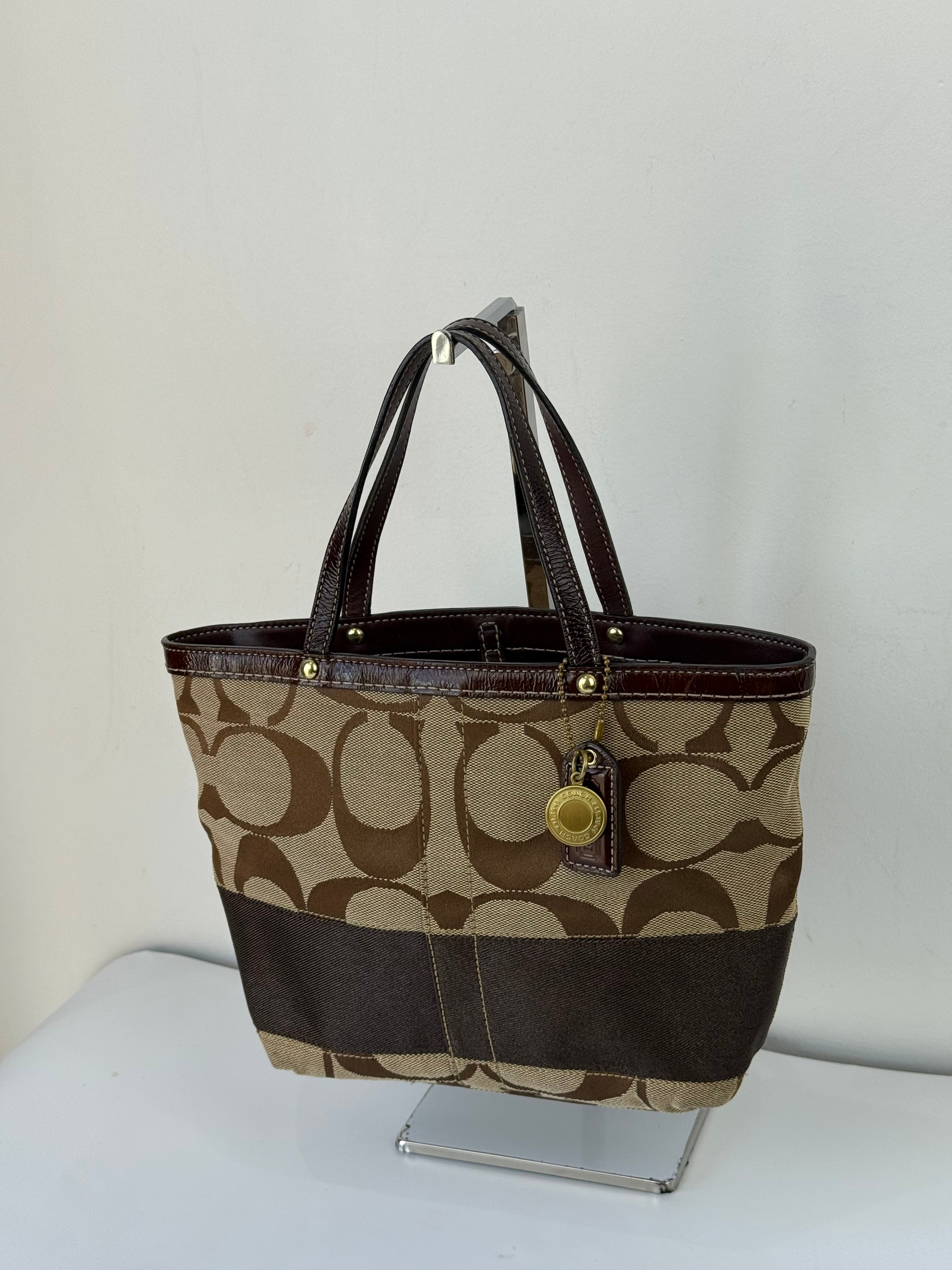 Vintage Coach Mini Tote Bag Brown Signature Canvas Handbag 00s Y2K
