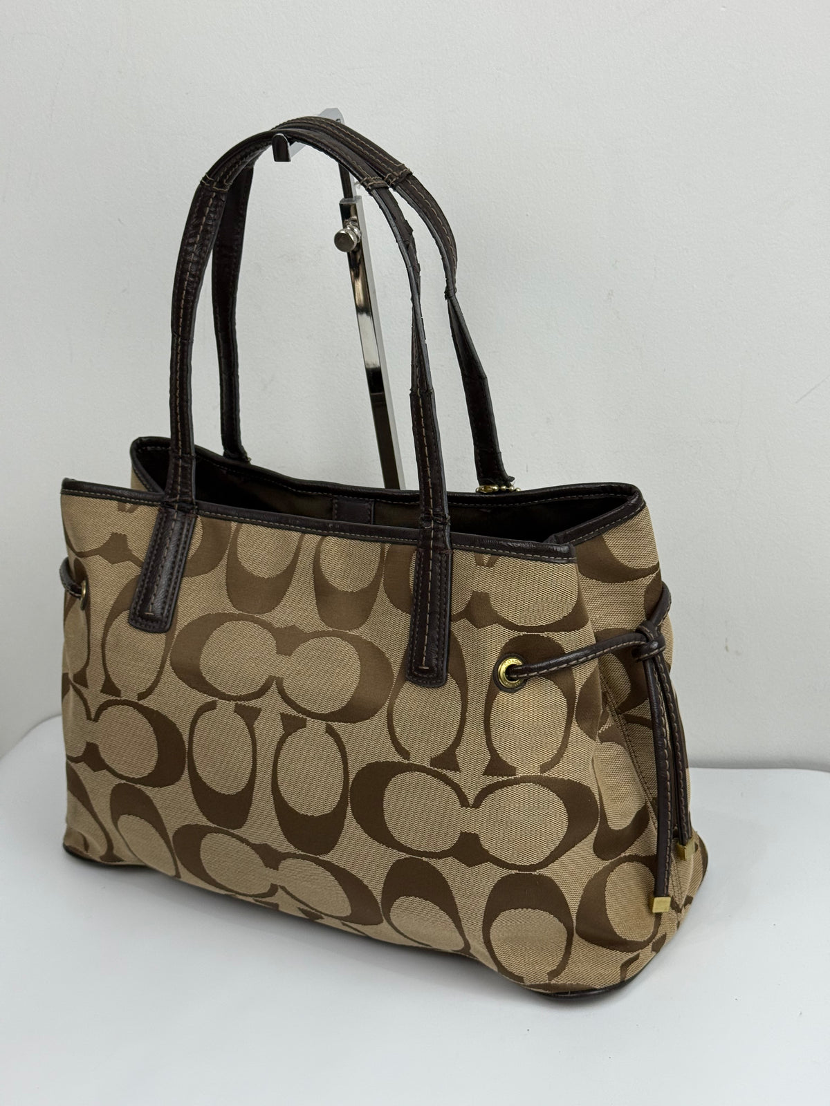 Vintage Coach Signature Stripe Carryall Tote Bag Beige Brown Coach Canvas HandBag 00s Y2K