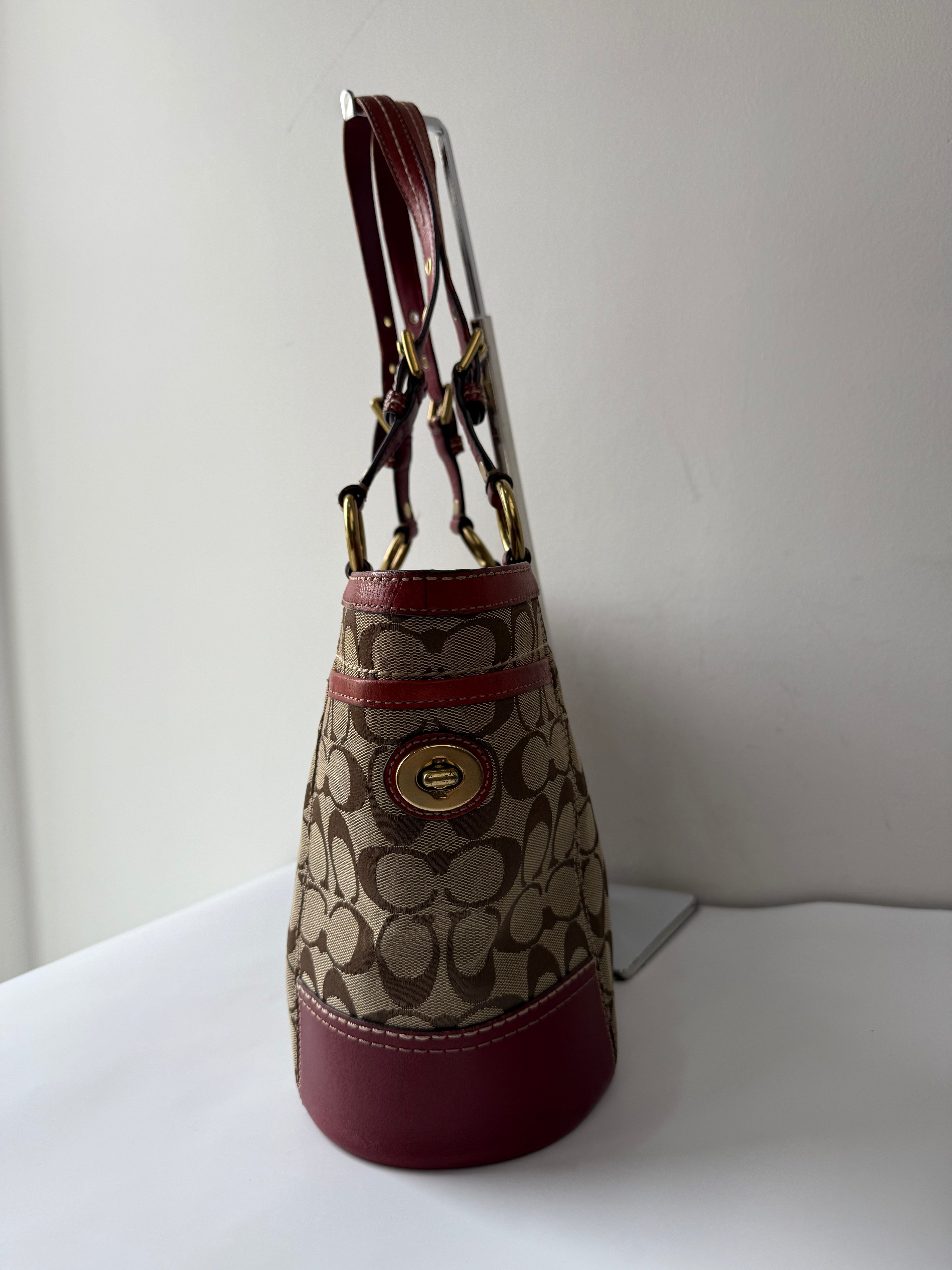 Vintage Coach Gallery Tote Bag Beige Brown Signature Red Leather Shoulder Bag