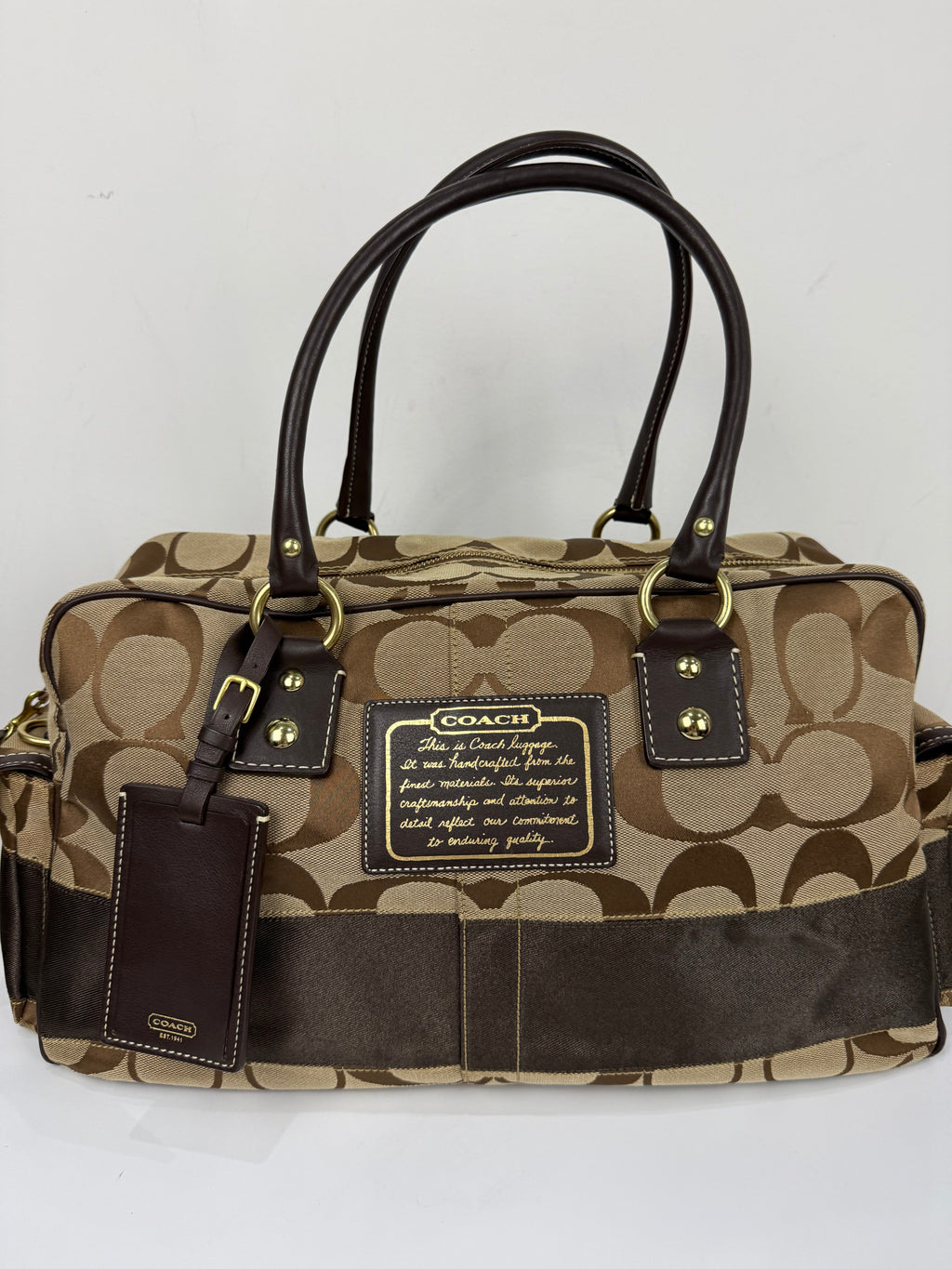 Vintage Coach Boston Travel Carry-On Bag Brown Signature Stripe Duffle Bag 00s Y2K