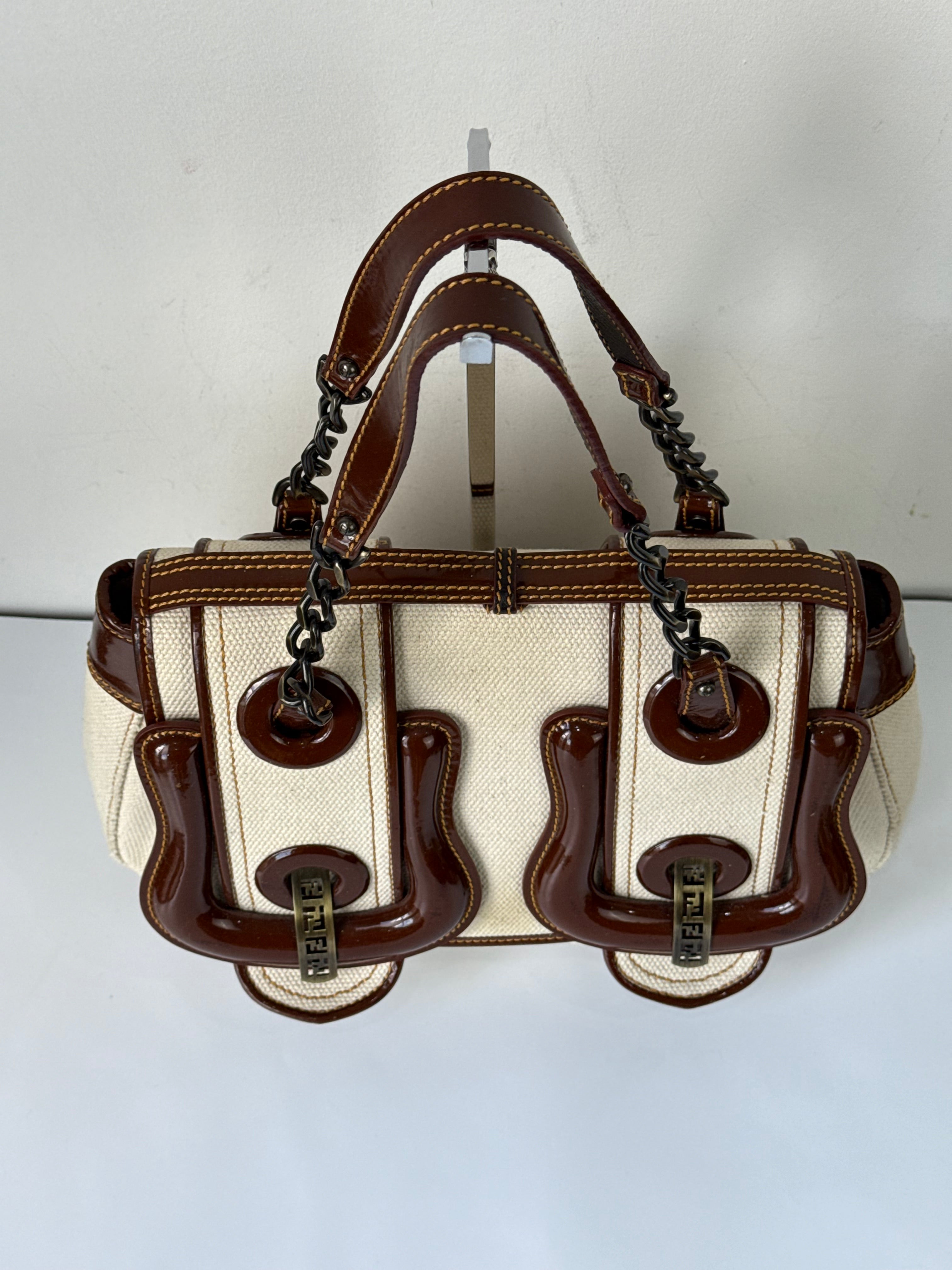 Vintage Fendi B Bag Brown Leather and White Canvas Fendi Handbag 00s Y2K