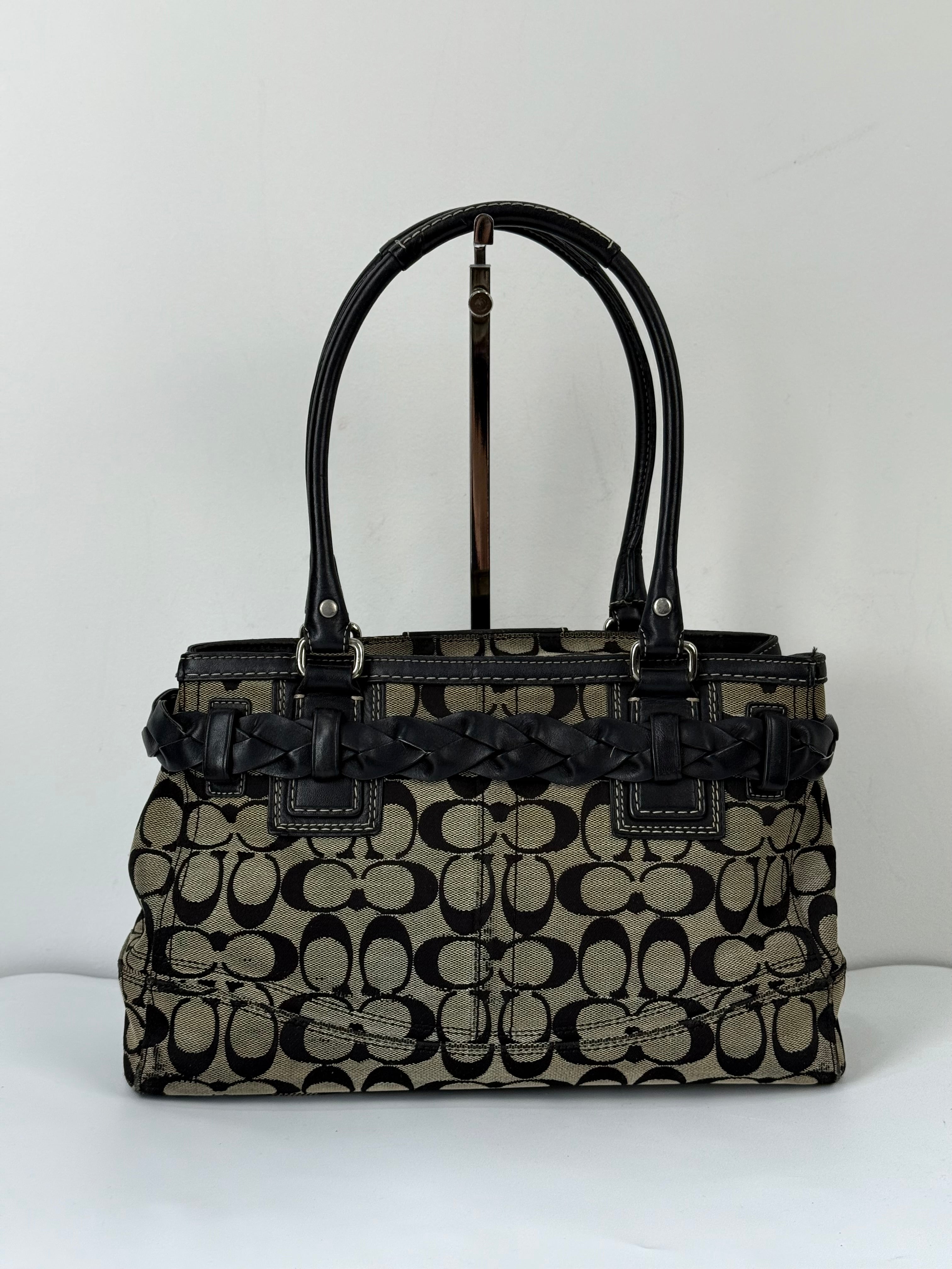 Vintage Coach Hampton Signature Tote Bag Grey and Black Coach Canvas HandBag 00s Y2K