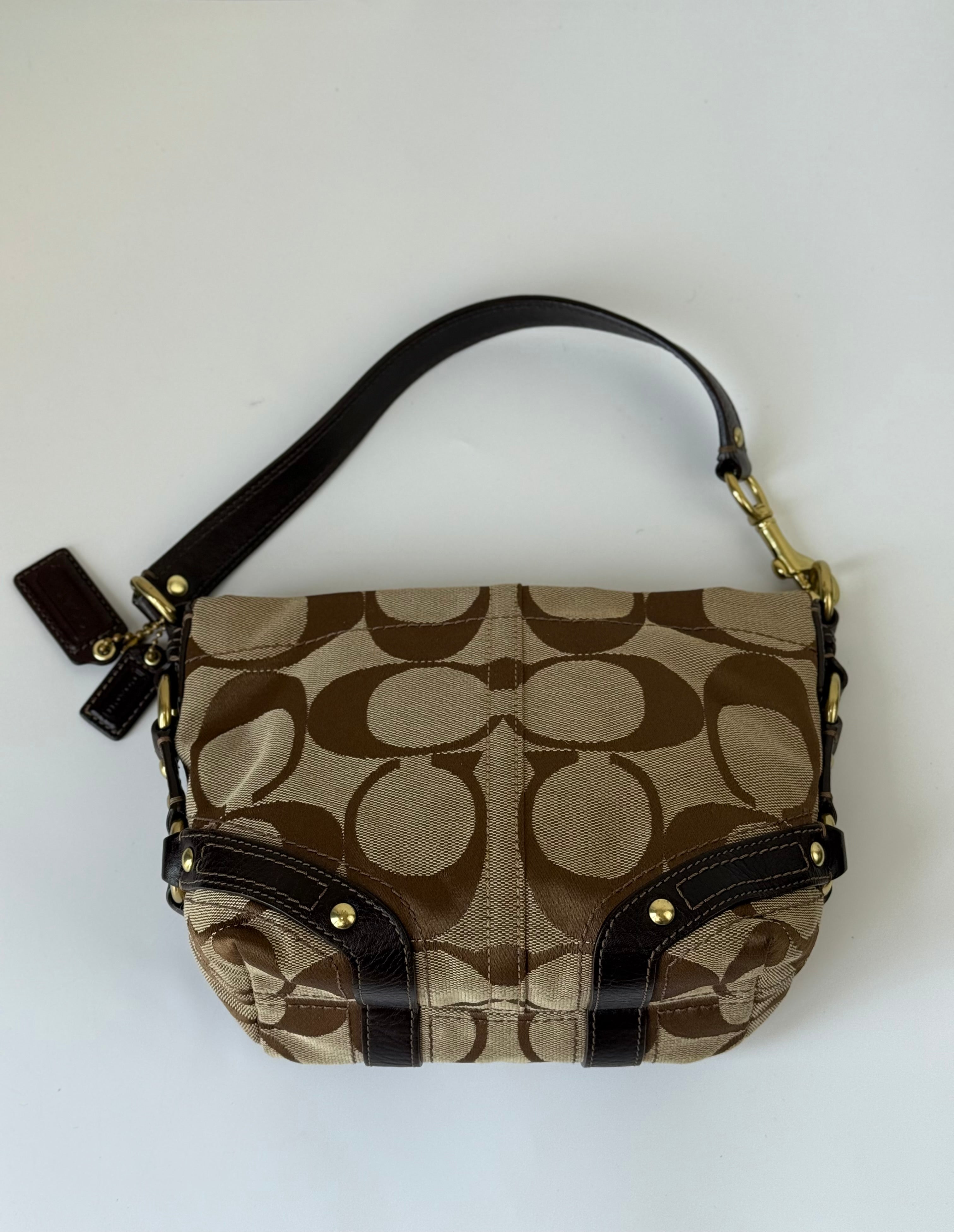 Vintage Coach Mini Carly Shoulder Bag Brown & Beige Signature Hobo Handbag 00s Y2K