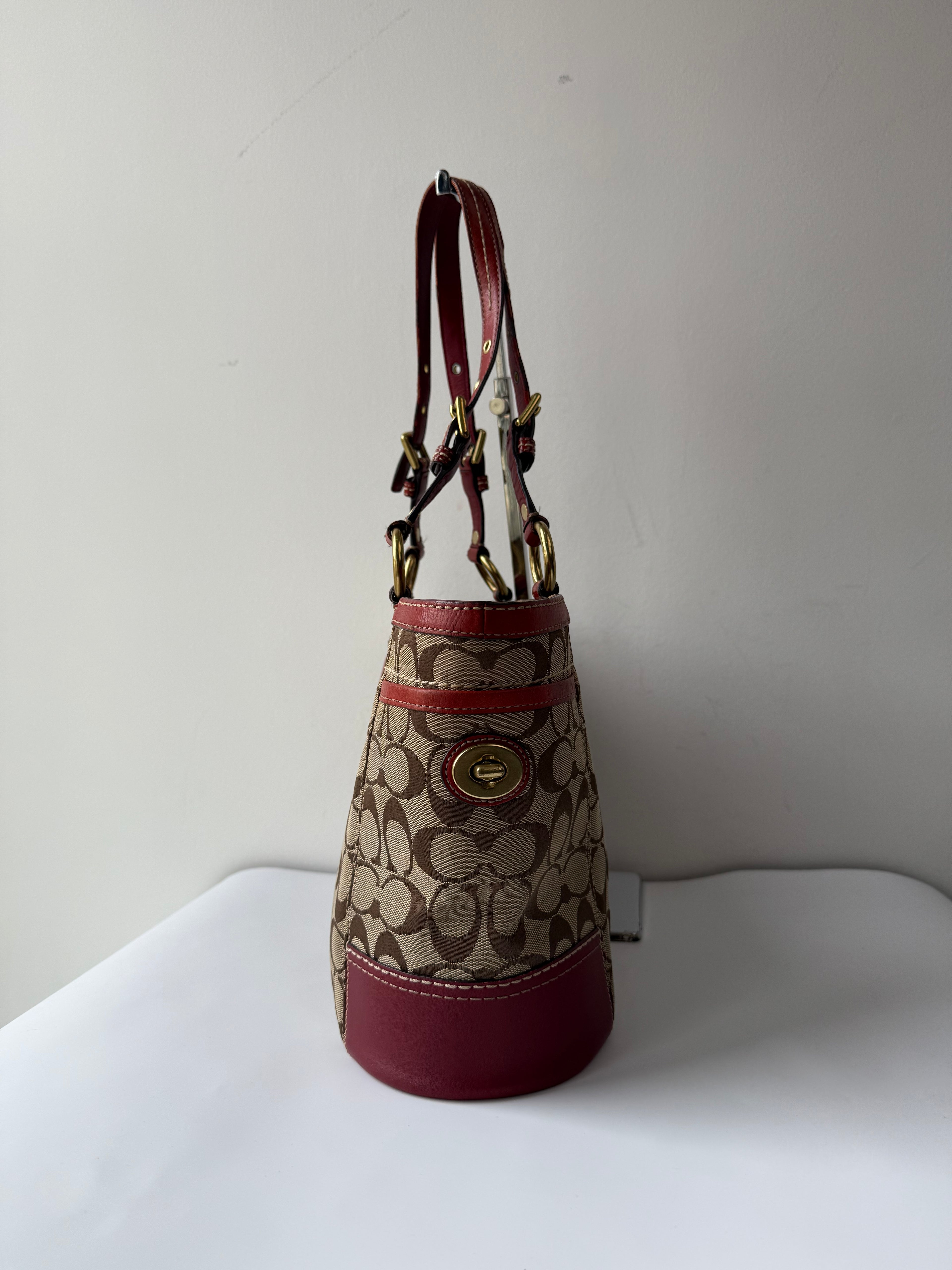 Vintage Coach Gallery Tote Bag Beige Brown Signature Red Leather Shoulder Bag