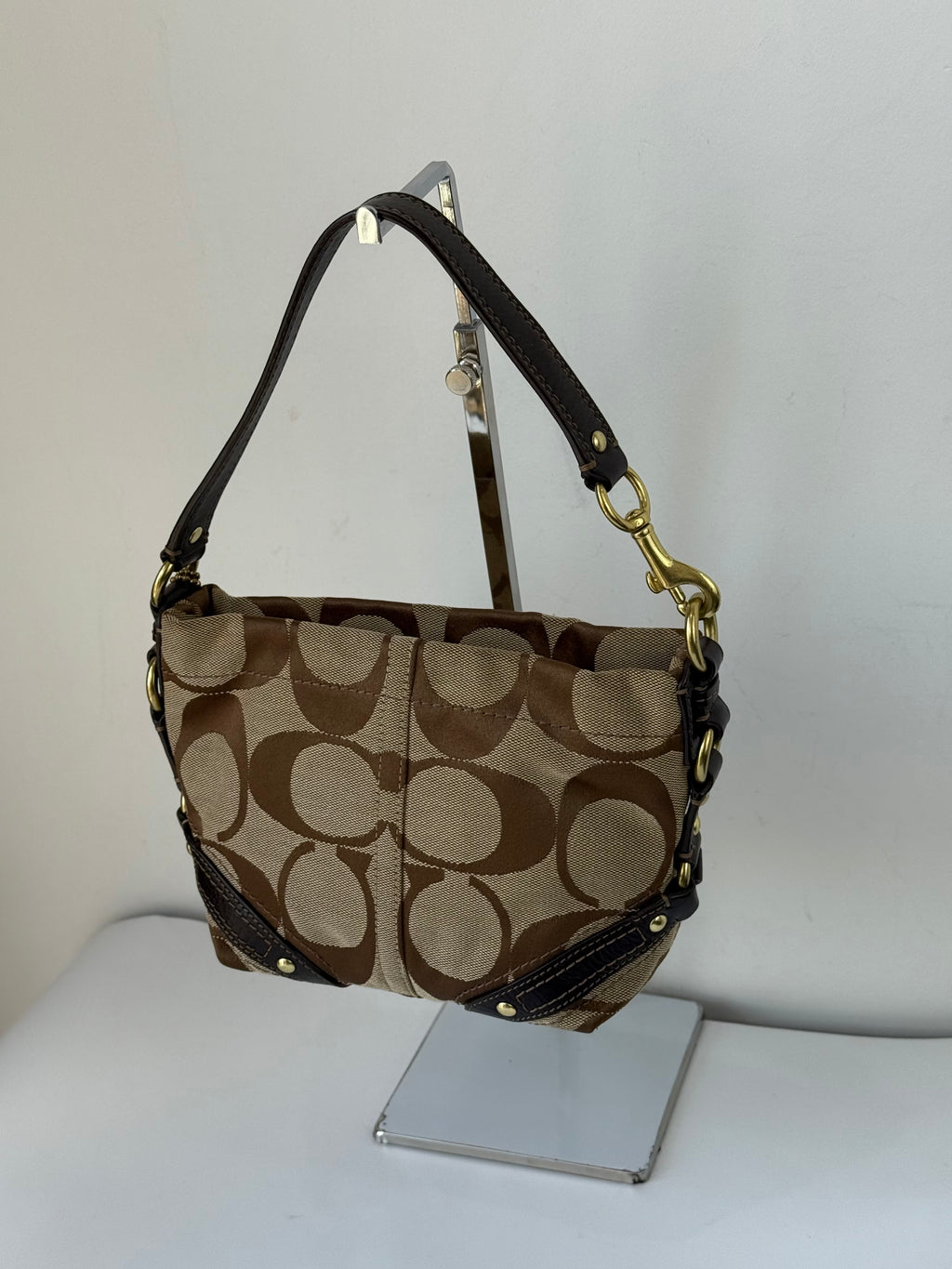 Vintage Coach Mini Carly Shoulder Bag Brown & Beige Signature Hobo Handbag 00s Y2K