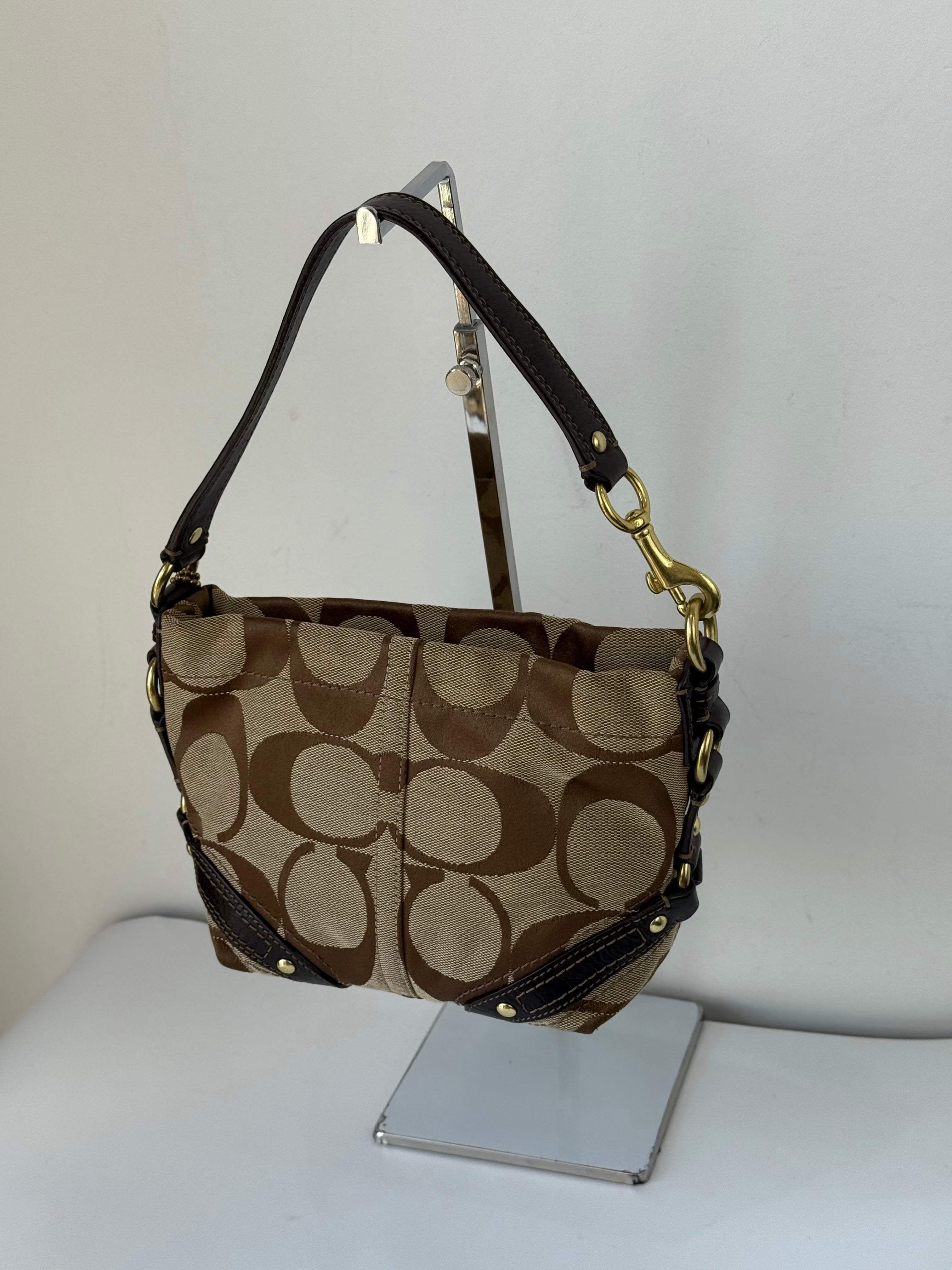 Vintage Coach Mini Carly Shoulder Bag Brown & Beige Signature Hobo Handbag 00s Y2K