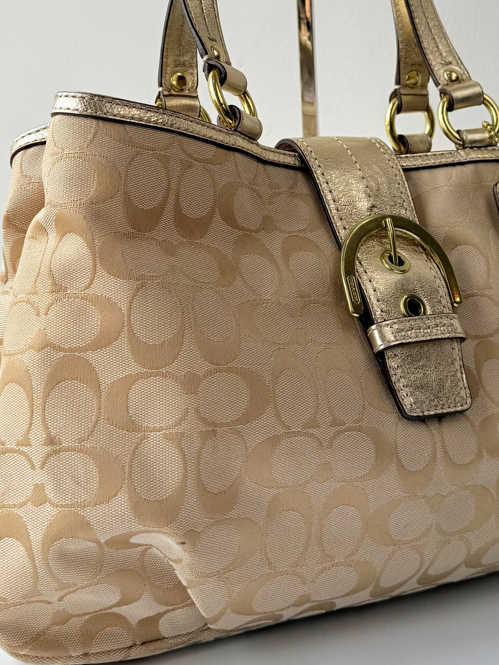 Vintage Coach Soho Signature Tote Bag Cream & Gold Canvas Shoulder Bag 00s Y2K