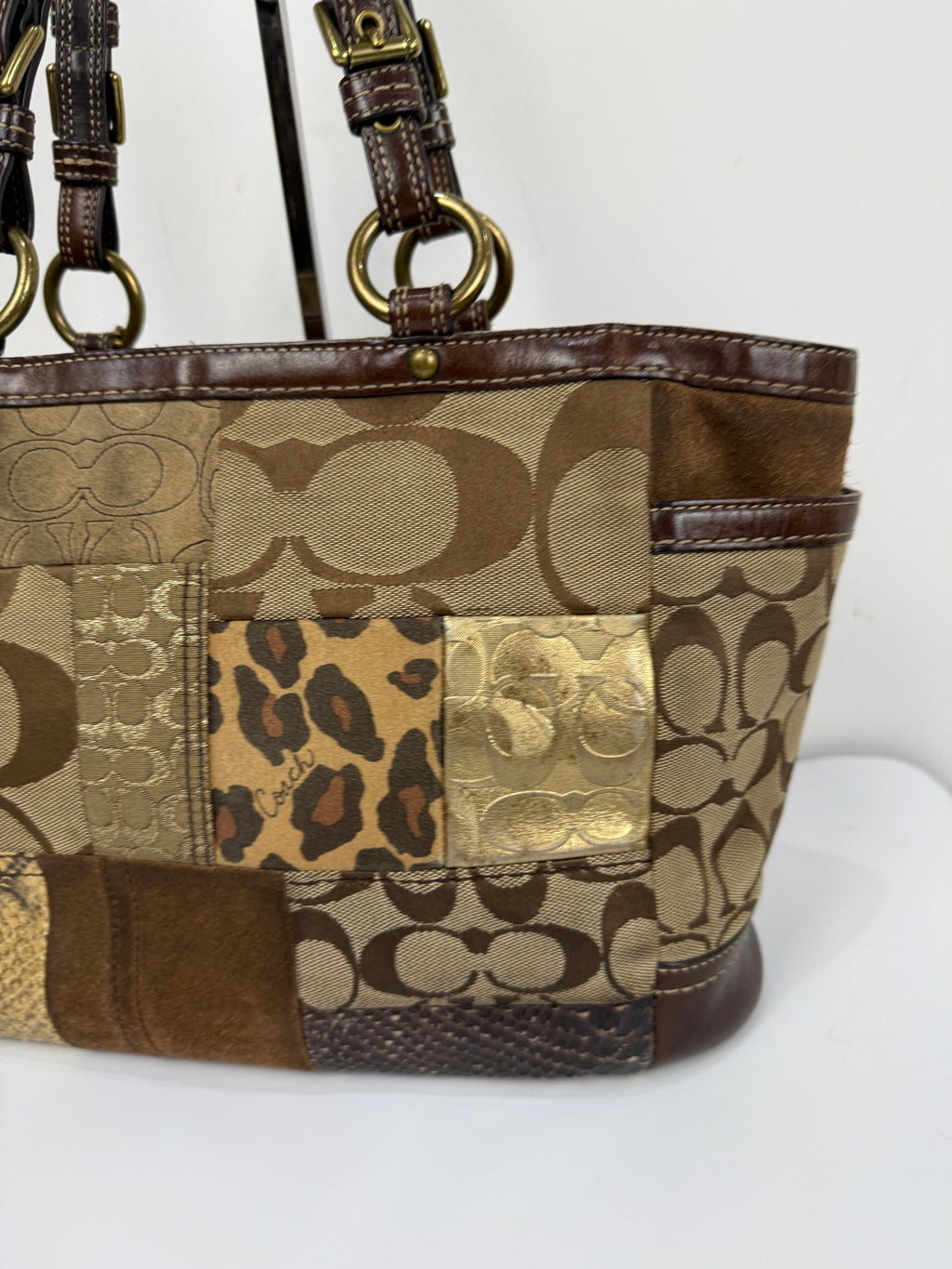 Vintage Coach Patchwork Shoulder Bag Brown Signature Canvas Handbag 00s Y2K