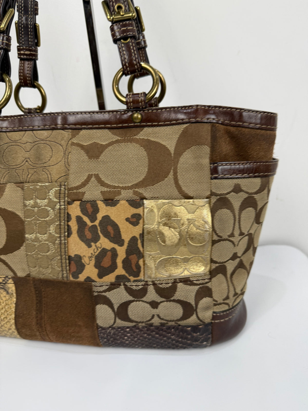 Vintage Coach Patchwork Shoulder Bag Brown Signature Canvas Handbag 00s Y2K