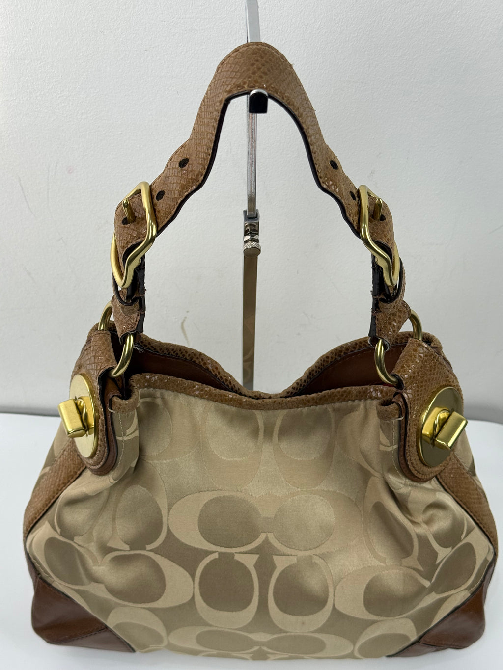 Vintage Coach Peyton Signature Satin Hobo Bag Beige & Brown Coach Shoulder Bag 00s Y2K