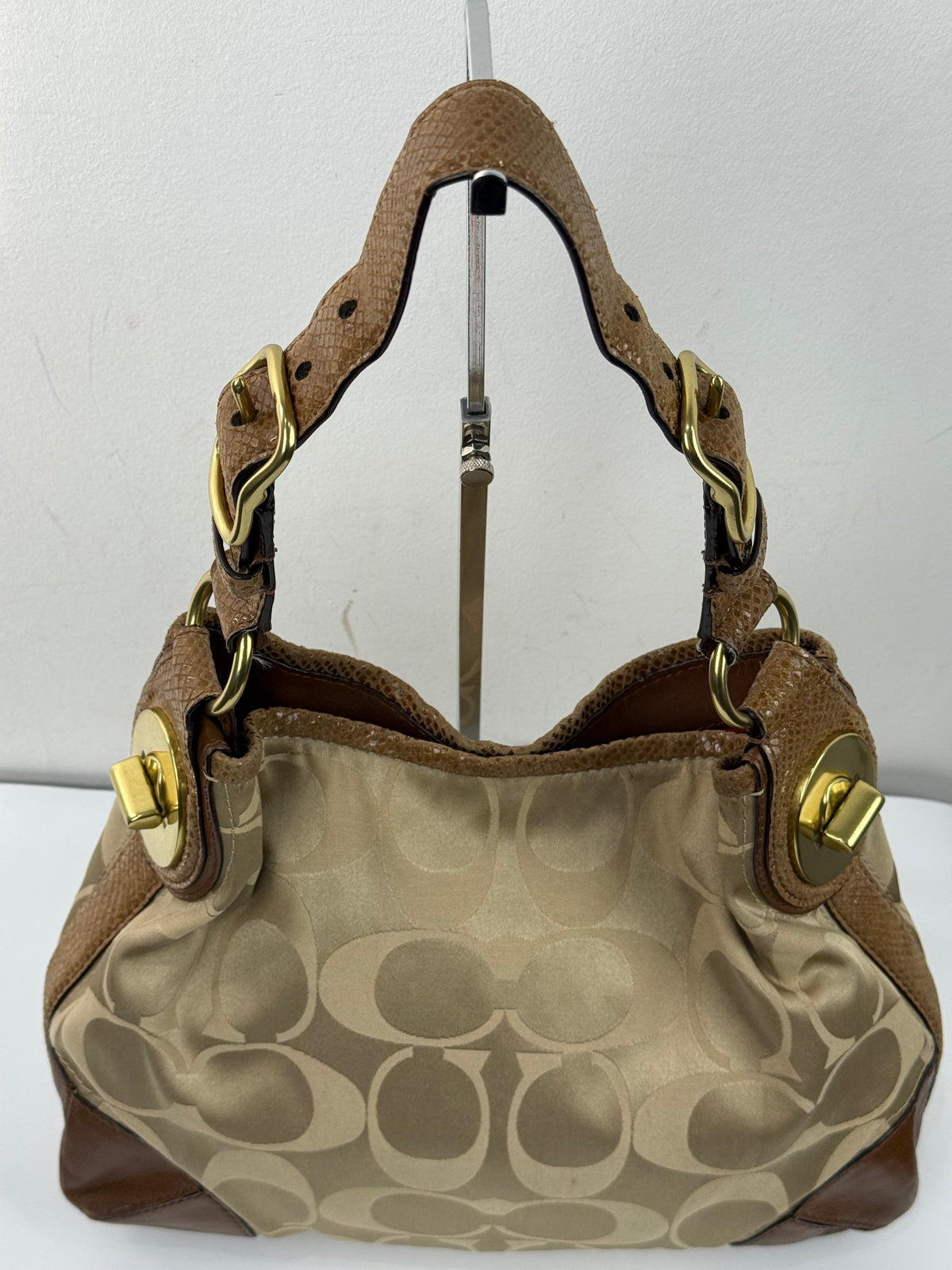 Vintage Coach Peyton Signature Satin Hobo Bag Beige & Brown Coach Shoulder Bag 00s Y2K