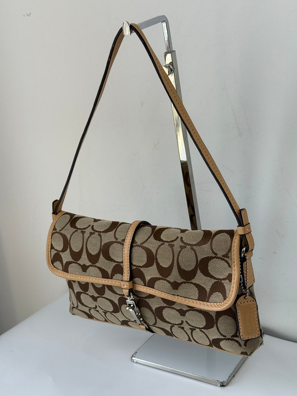 Vintage Coach Demi Clip Bag Brown Tan Signature Canvas Shoulder Bag Y2K