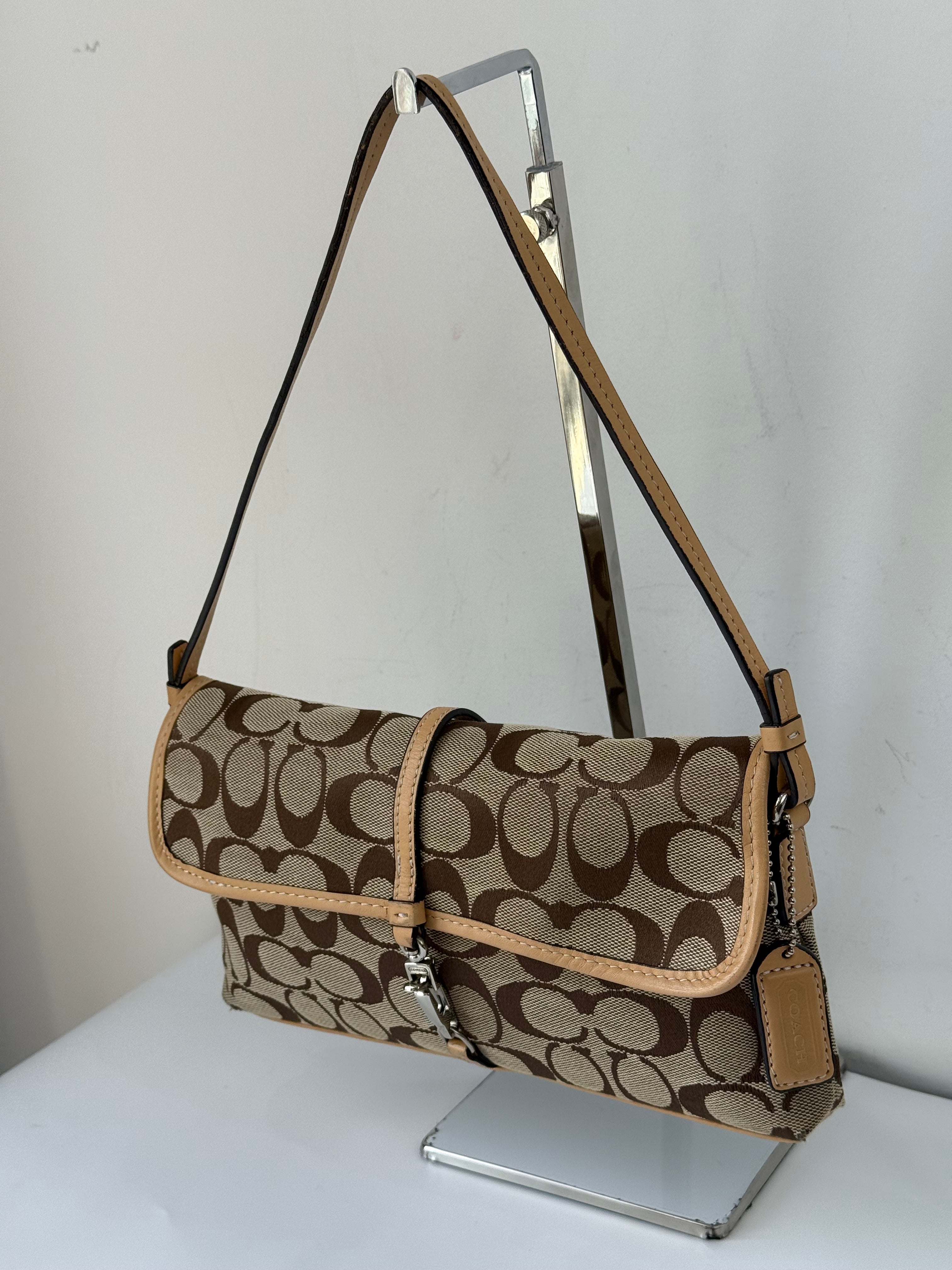 Vintage Coach Demi Clip Bag Brown Tan Signature Canvas Shoulder Bag Y2K
