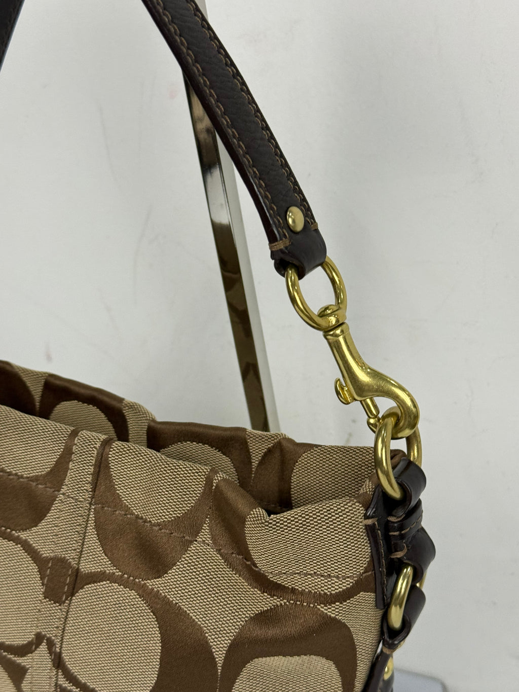 Vintage Coach Mini Carly Shoulder Bag Brown & Beige Signature Hobo Handbag 00s Y2K