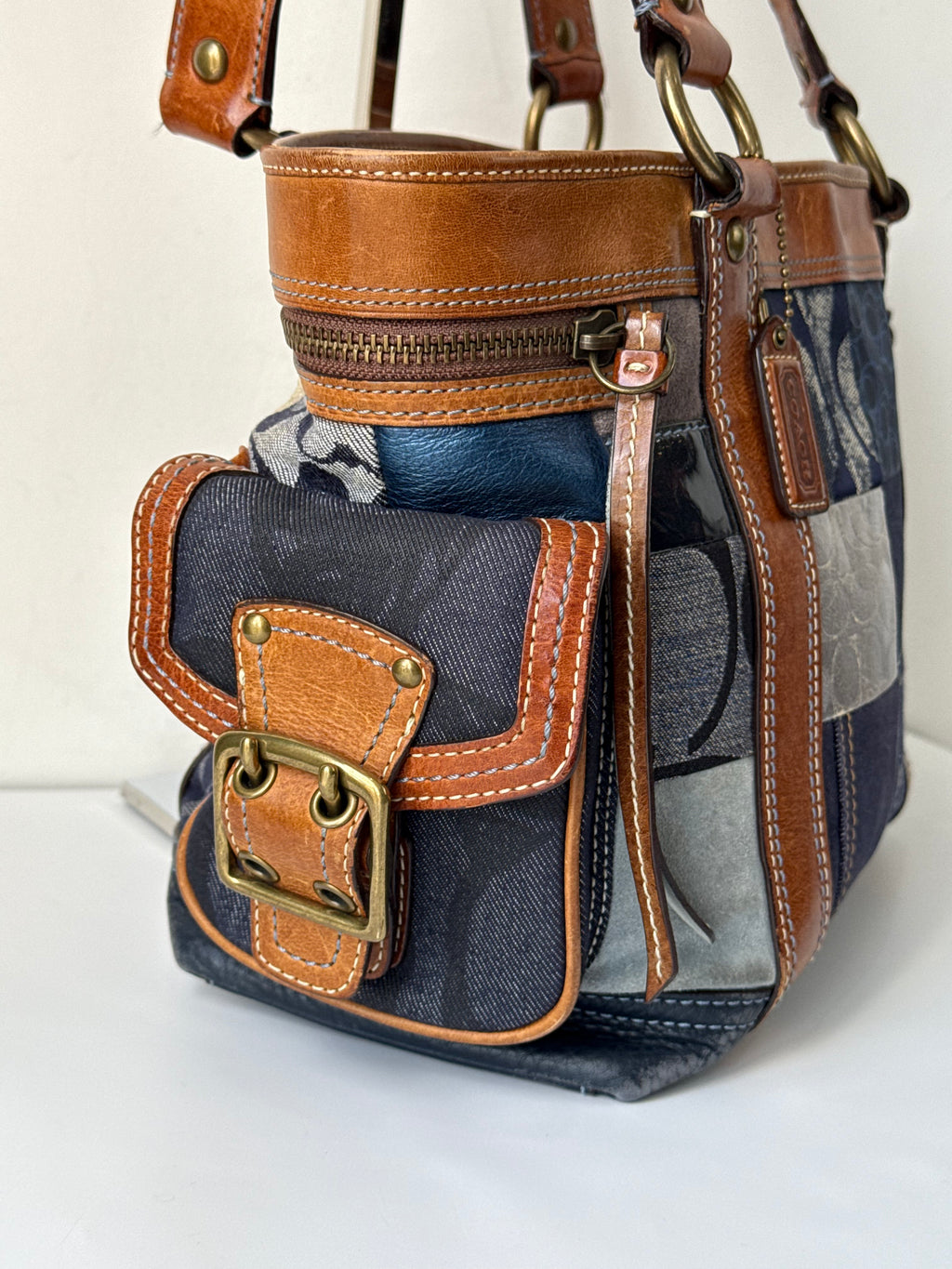 Vintage Coach Blue Denim Patchwork Tote Bag Coach Signature Leather Handbag 00s Y2K