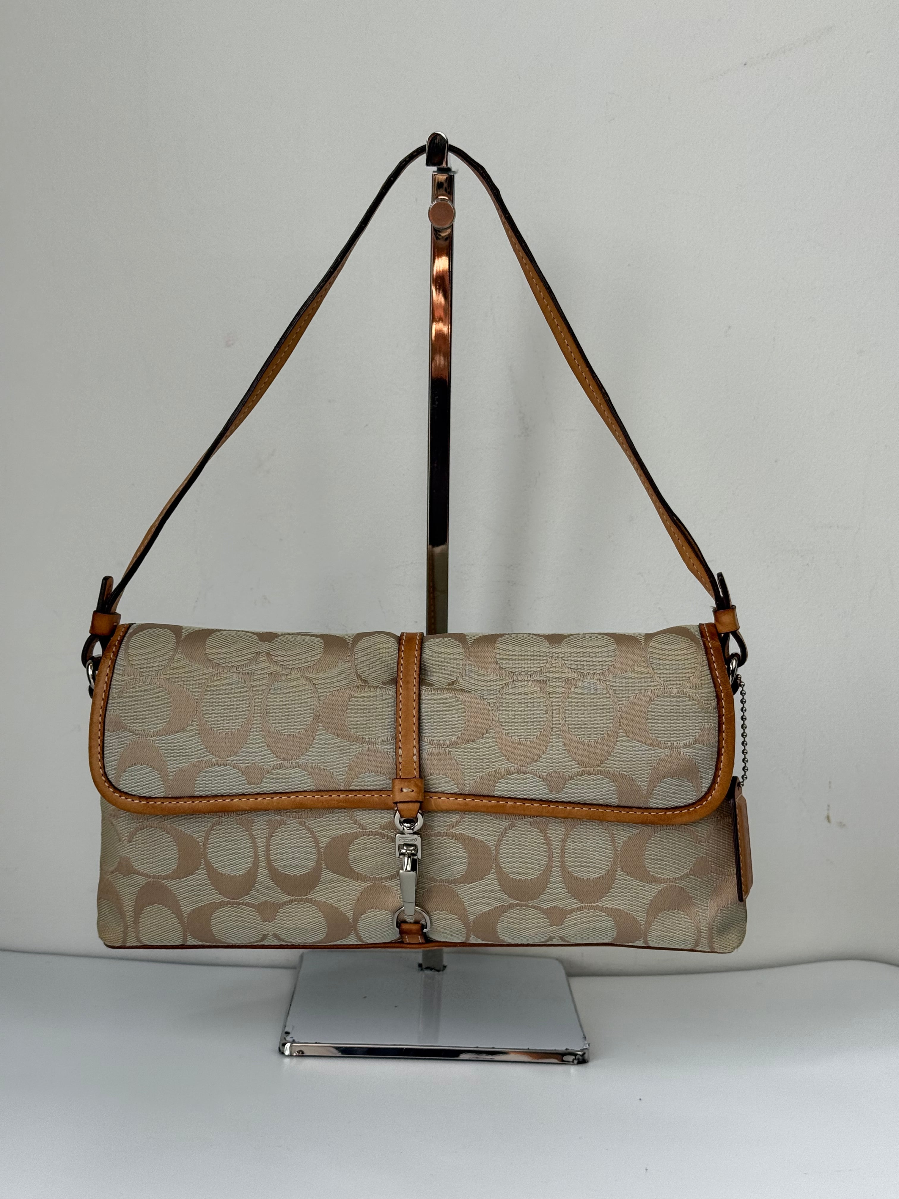 Vintage Coach Demi Clip Bag Beige and Blue Signature Canvas Shoulder Bag Y2K