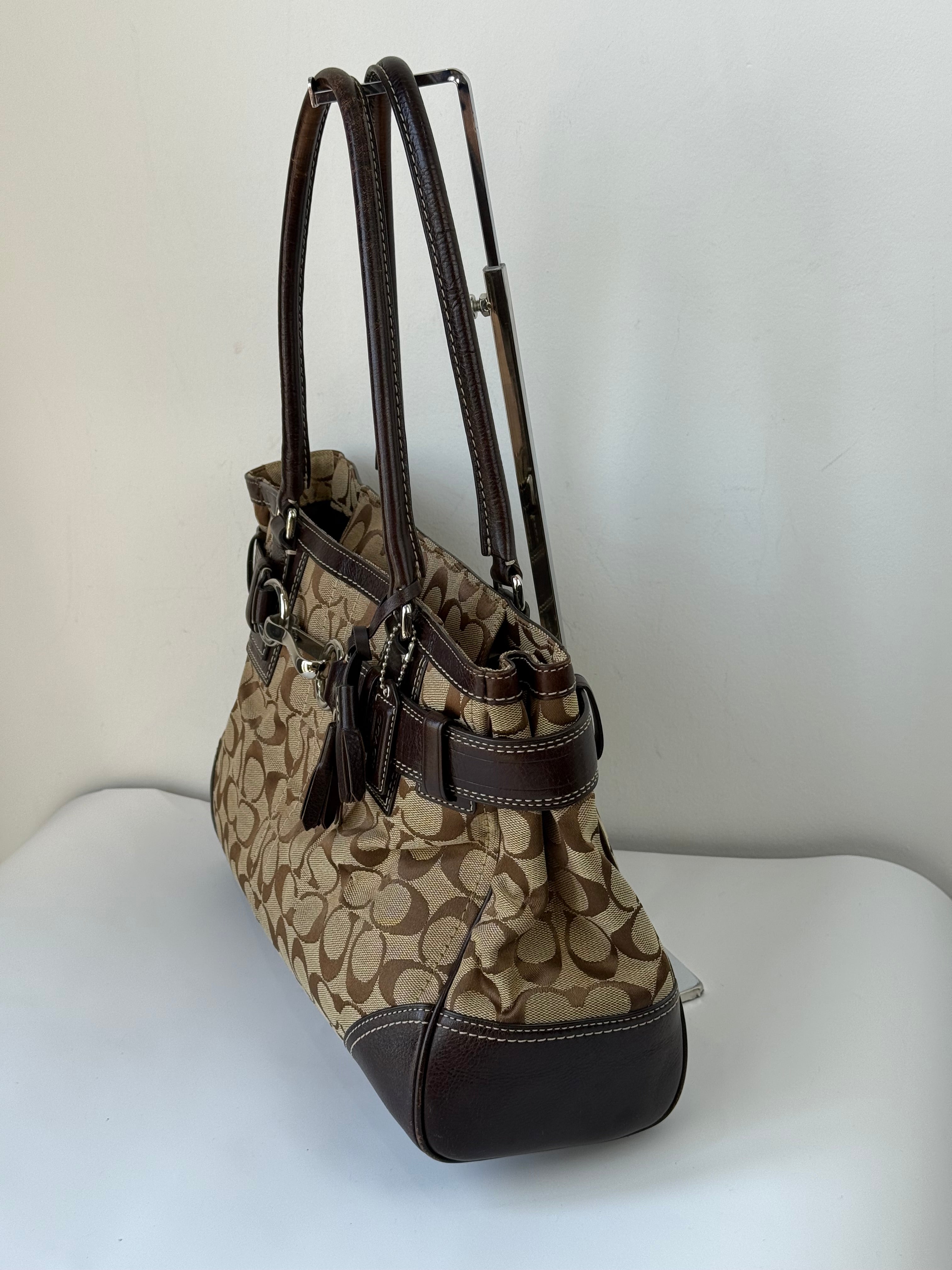 Vintage Coach Hampton Tote Bag Brown & Beige Signature Shoulder Bag 00s Y2K Handbag
