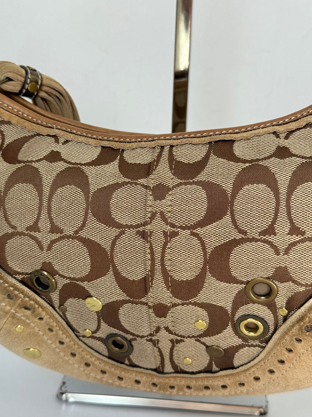 Coach Vintage Signature Sufflette Shoulder Bag Suede Studs Rare Y2K Hobo Bag