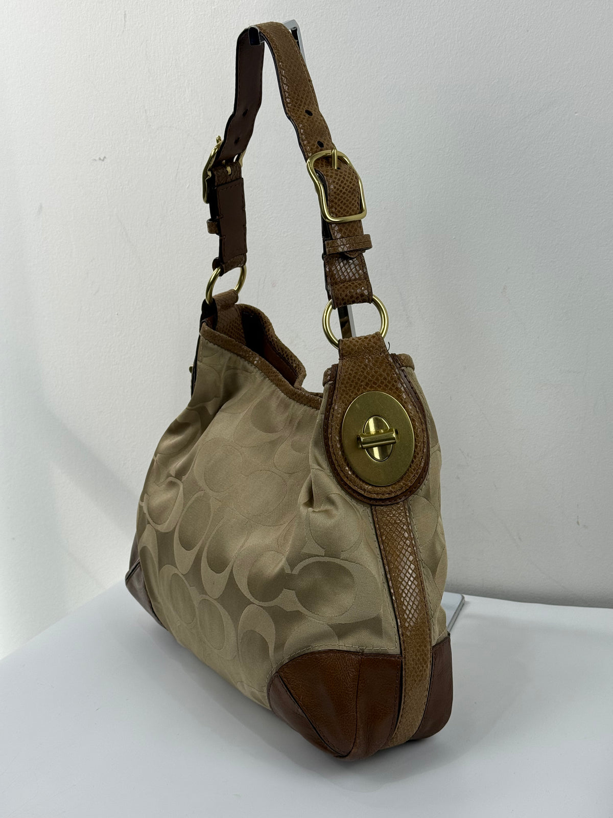 Vintage Coach Peyton Signature Satin Hobo Bag Beige & Brown Coach Shoulder Bag 00s Y2K