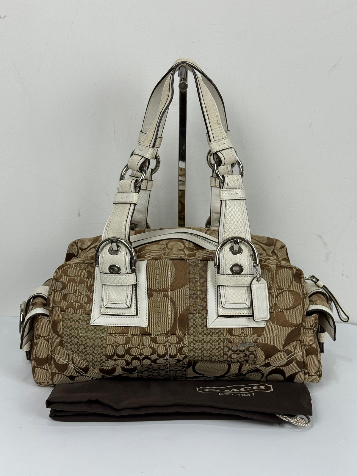 Vintage Coach Brown Patchwork Boston Satchel Soho Mia Signature Shoulder Bag 00s Y2K